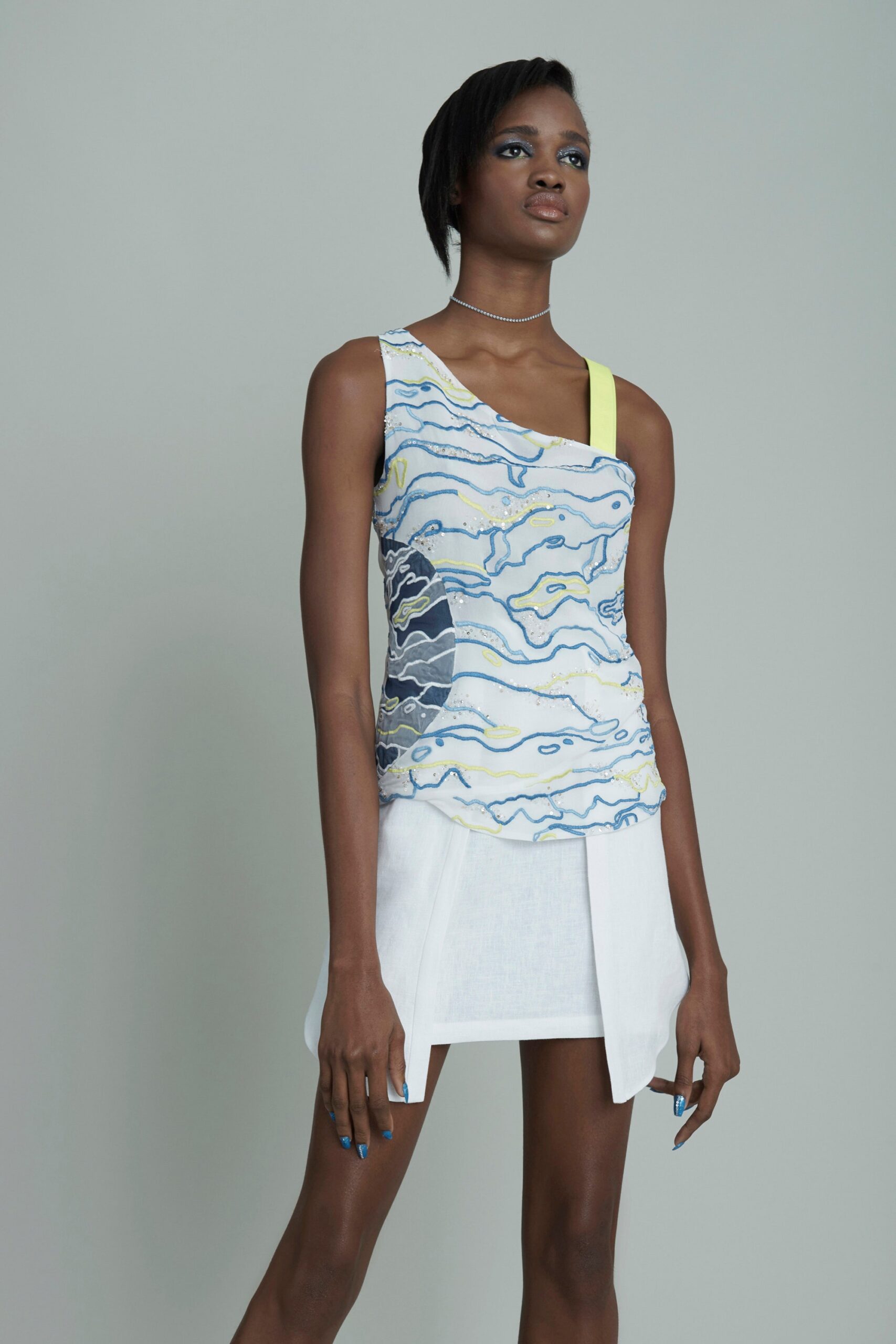 asymmetric printed top with pleated skirt