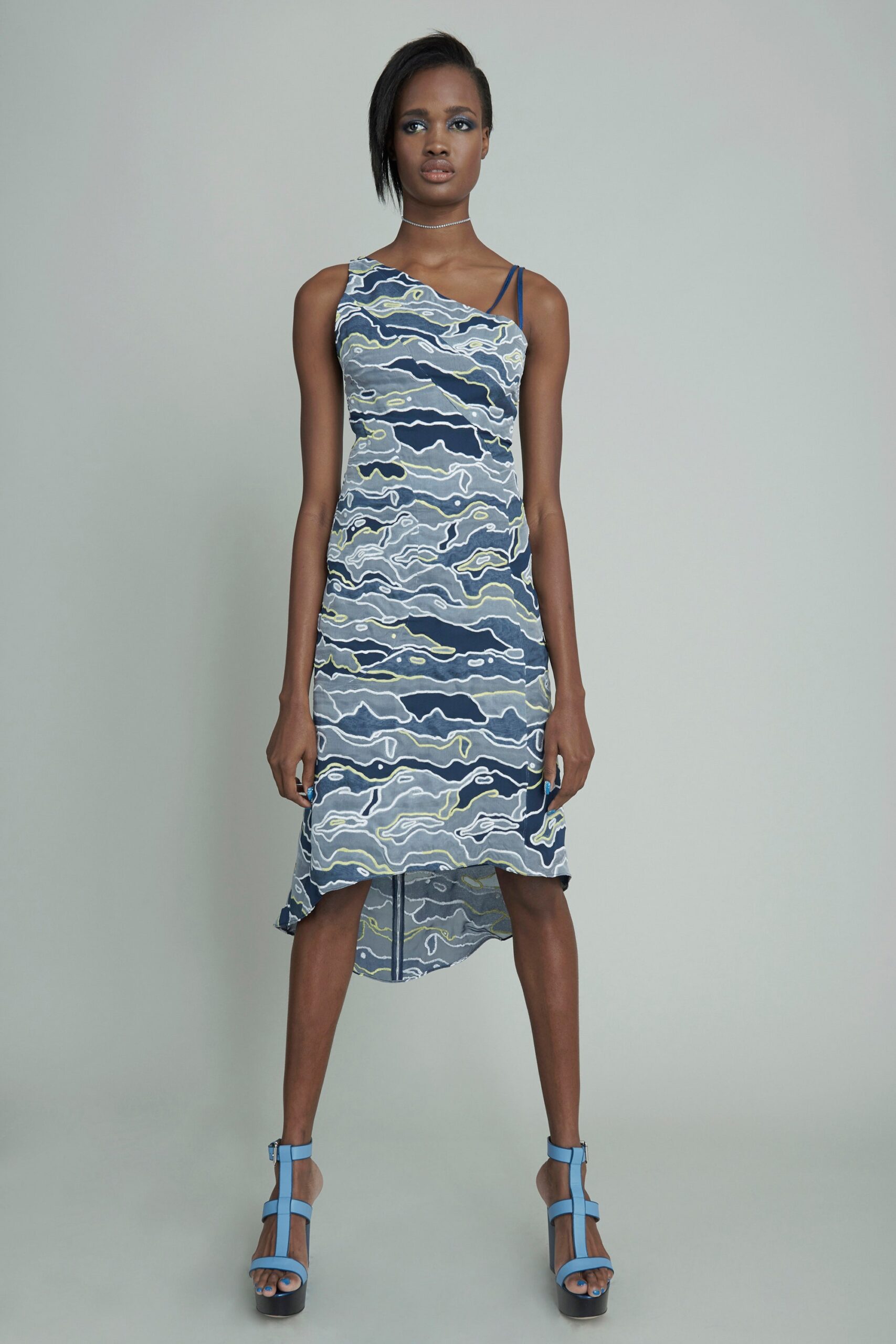 blue printed midi dress