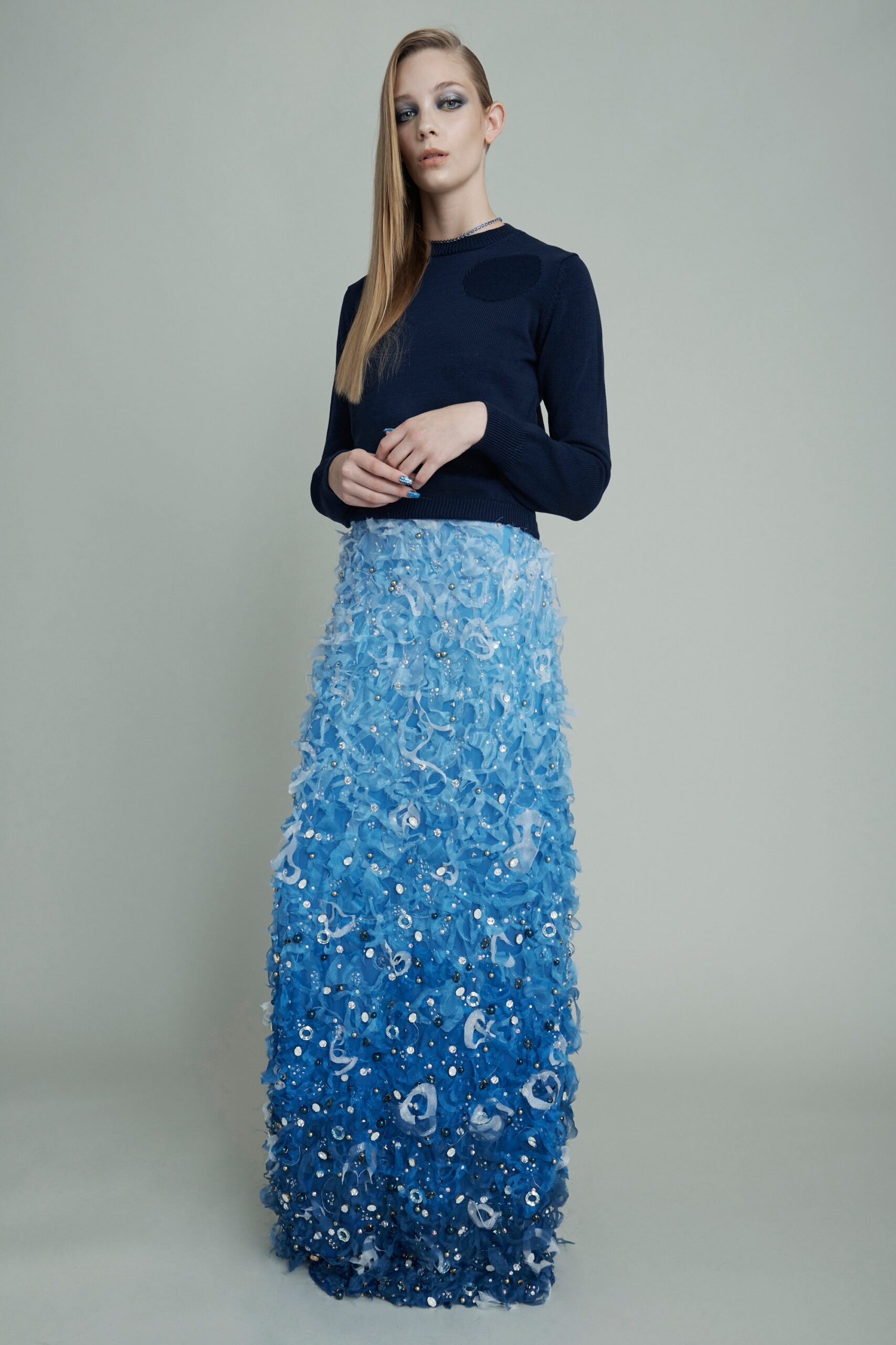 blue fitted top and maxi skirt