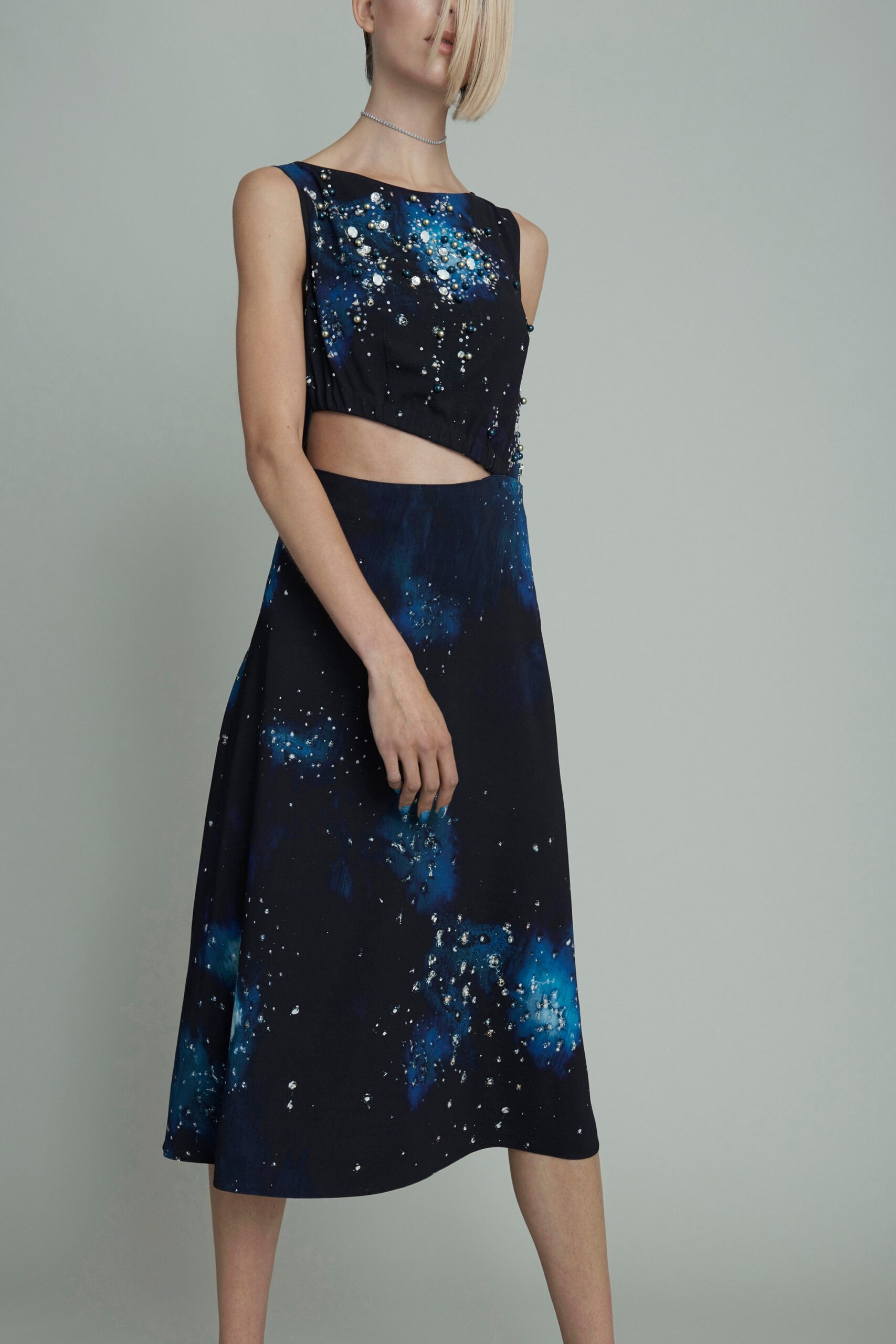 black and blue embroidered midi dress