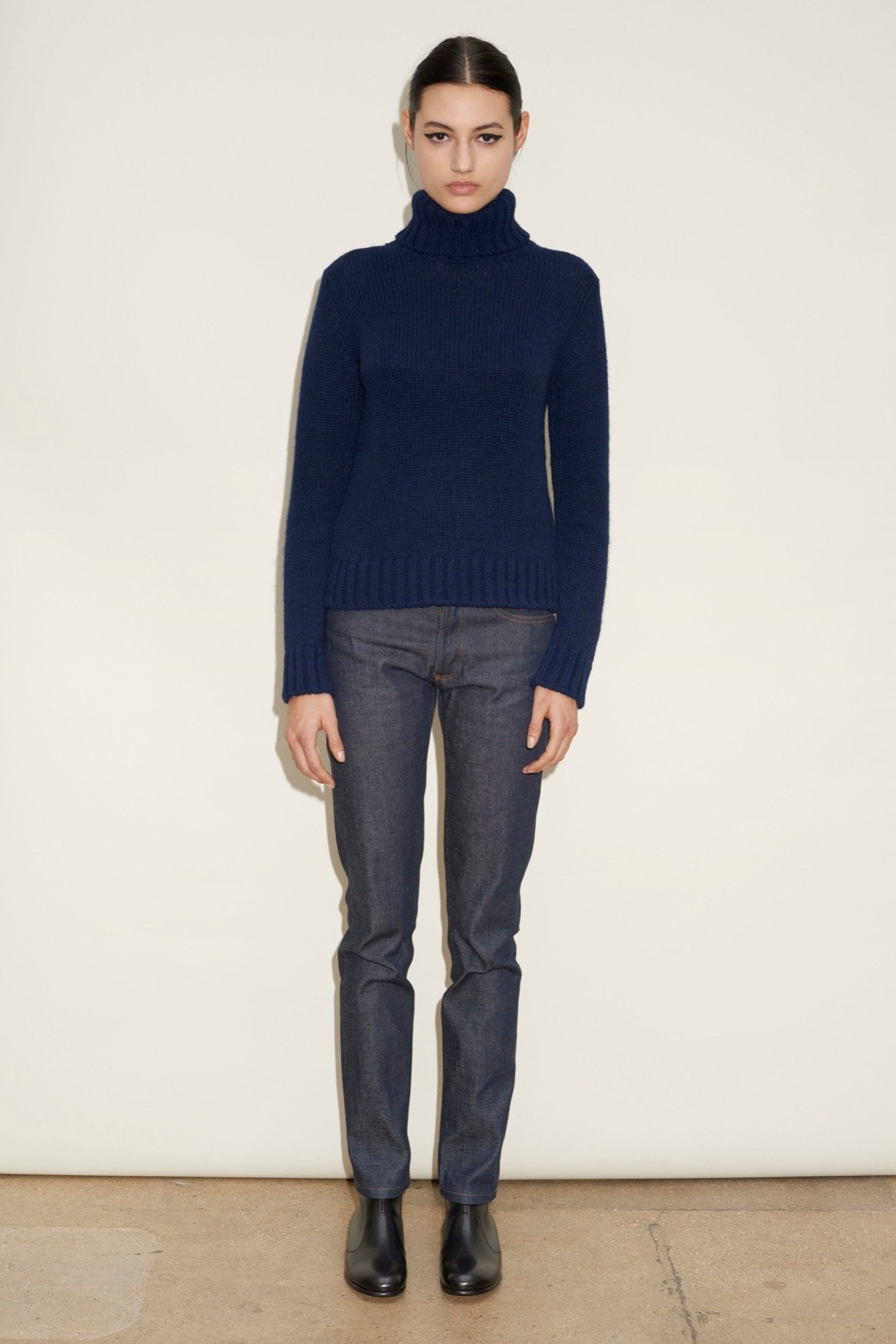 blue wool long-sleeve turtleneck fitted sweater
