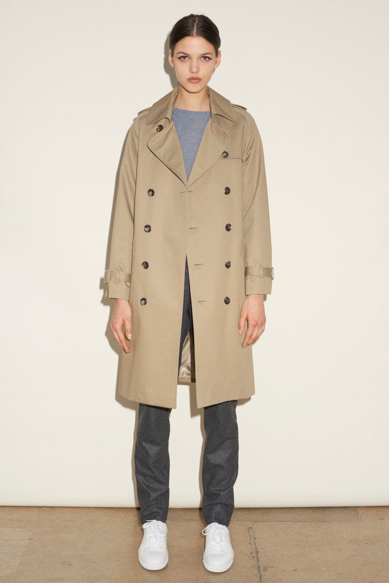 beige cotton long-sleeve collared relaxed buttoned trench