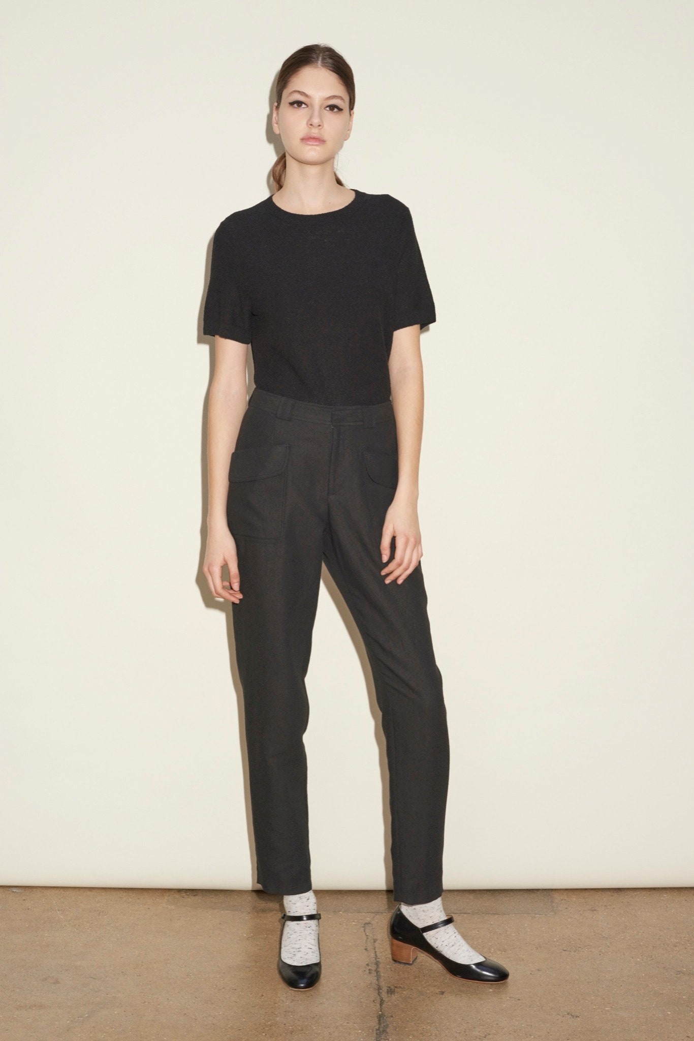 black cotton short-sleeve collared relaxed top