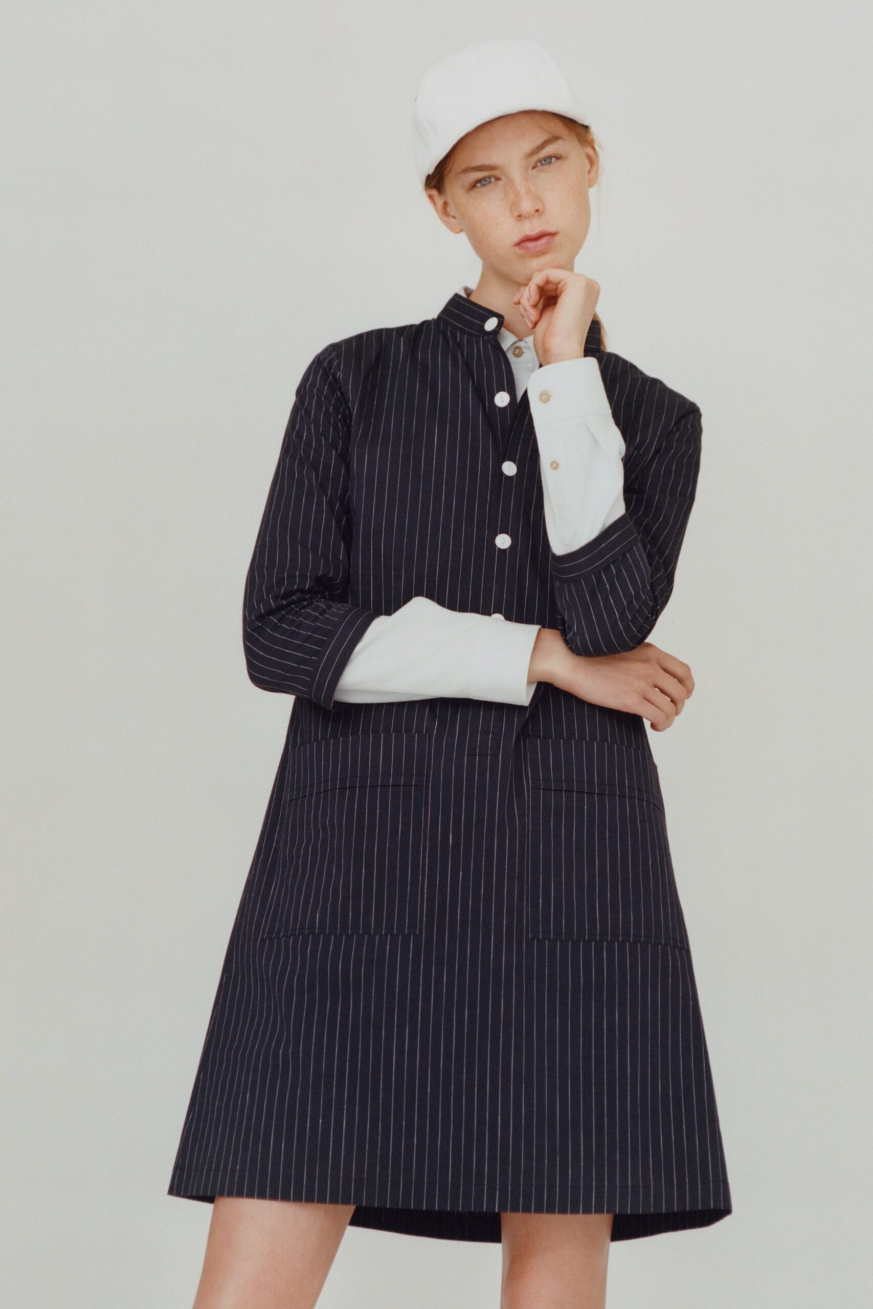 black and white striped shirt-dress