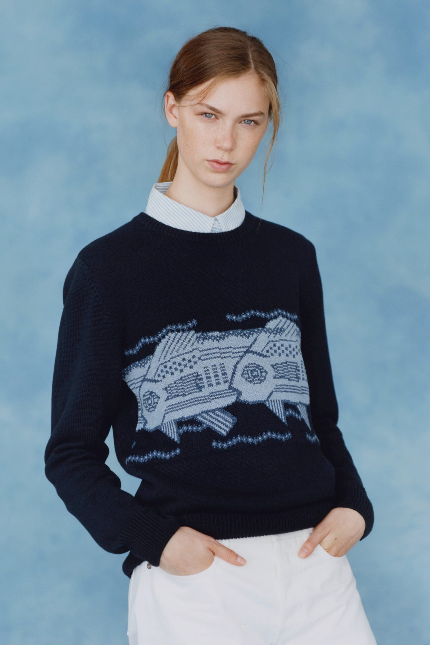 blue cotton long-sleeve collared fitted embroidered sweater