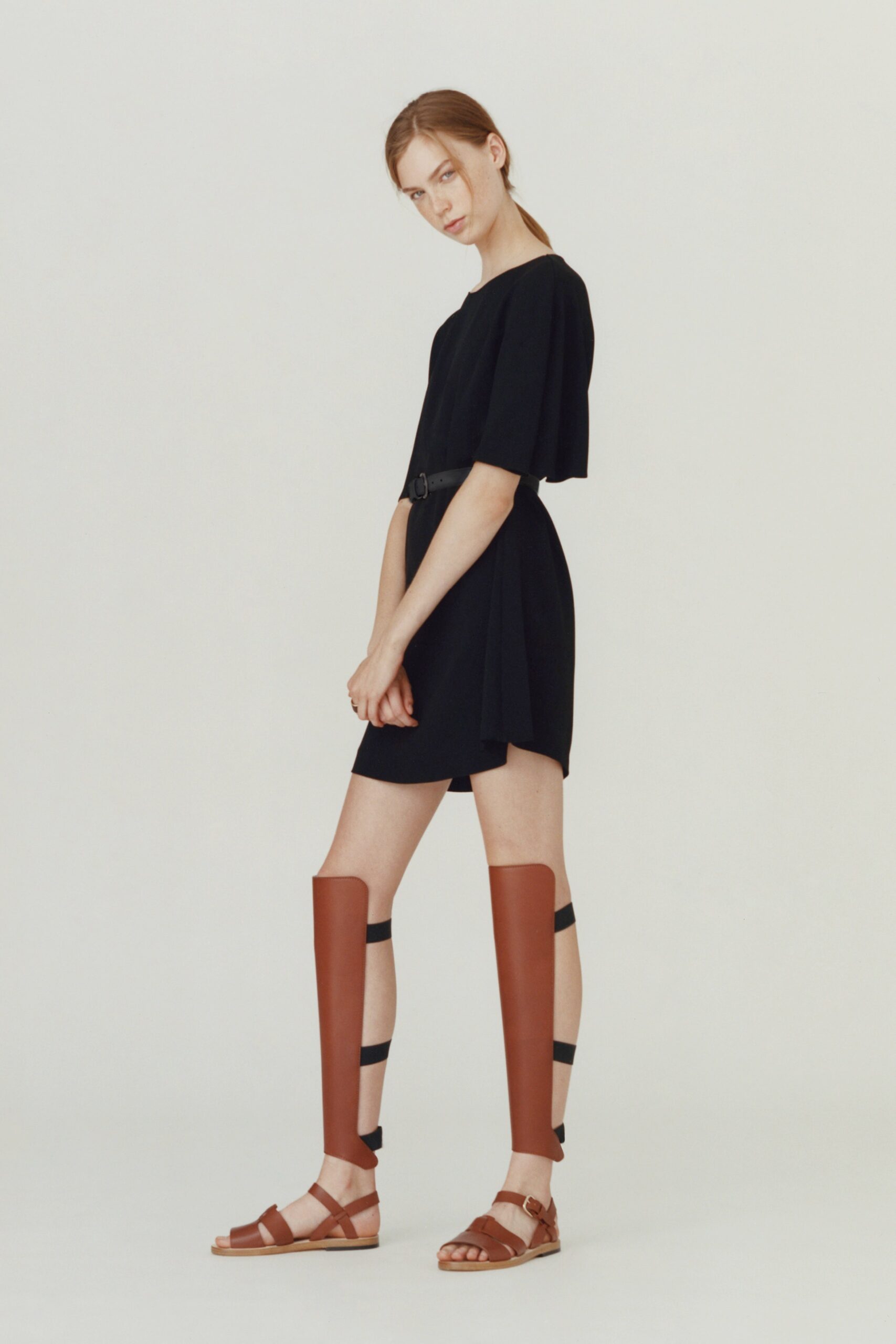 black cotton short-sleeve collared relaxed belted mini dress