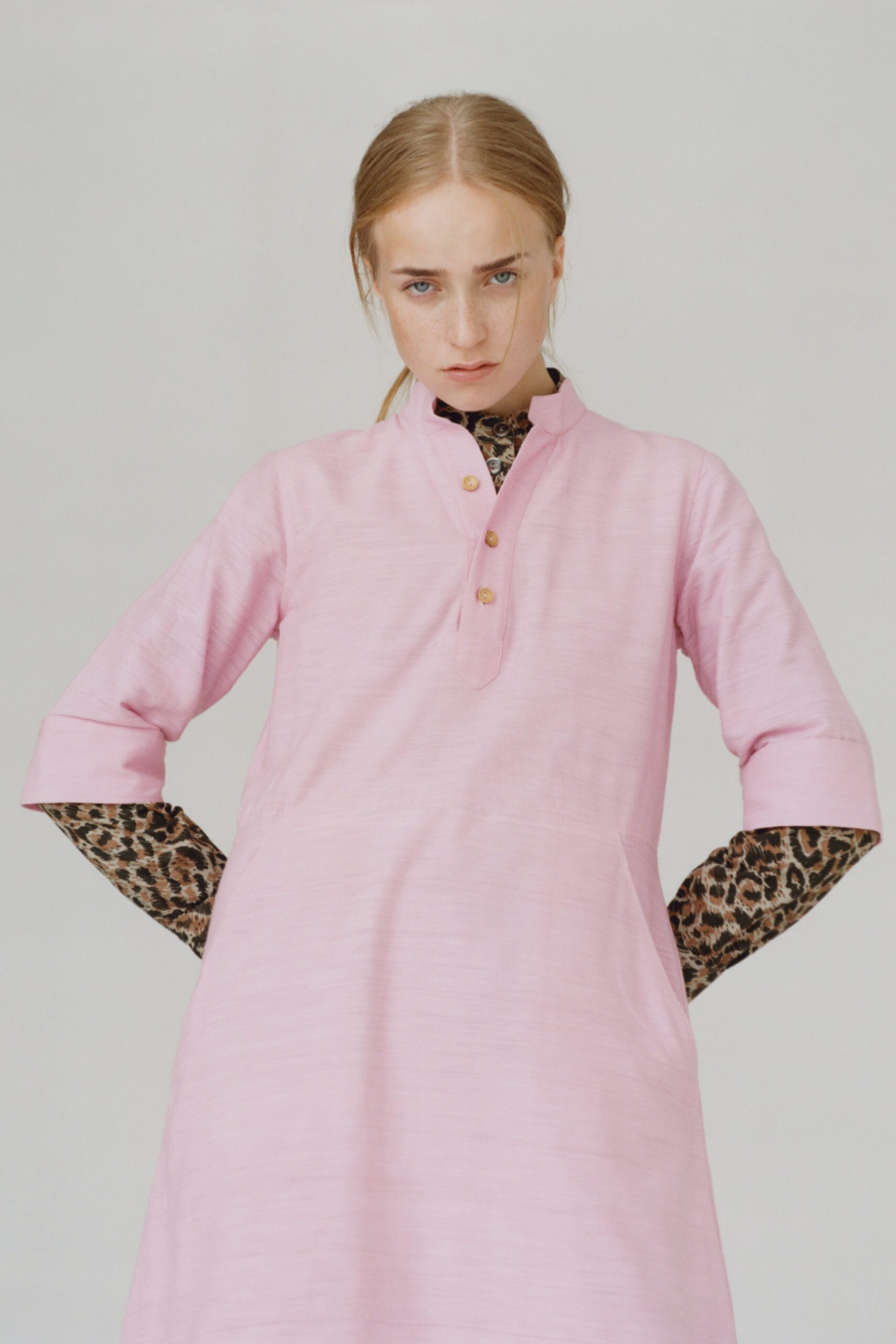 pink cotton short-sleeve collared relaxed straight-leg midi dress