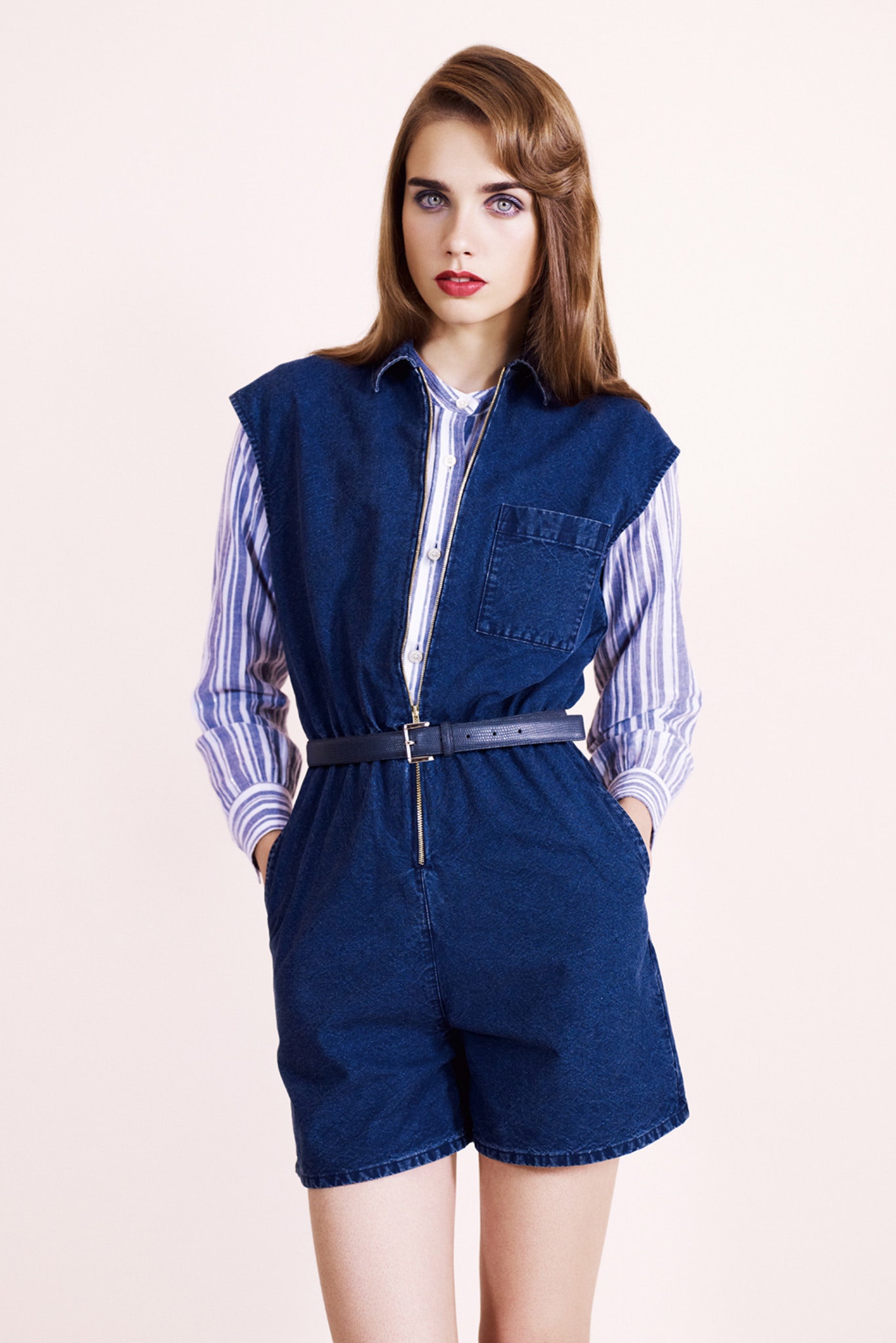 blue denim sleeveless collared fitted zippered pockets romper
