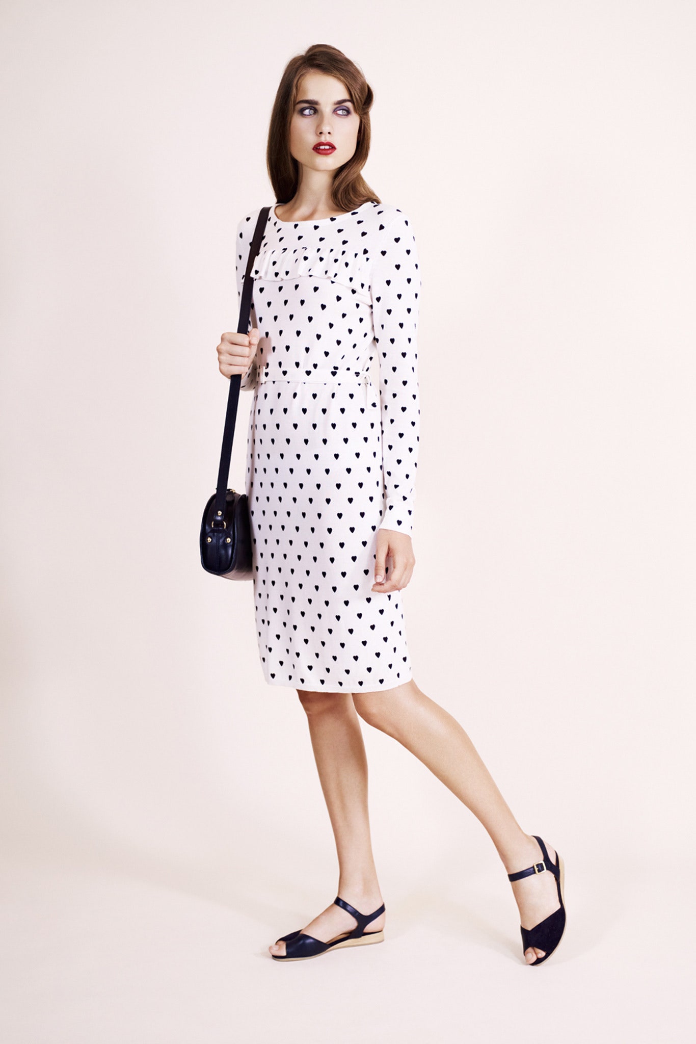white polka-dot midi dress