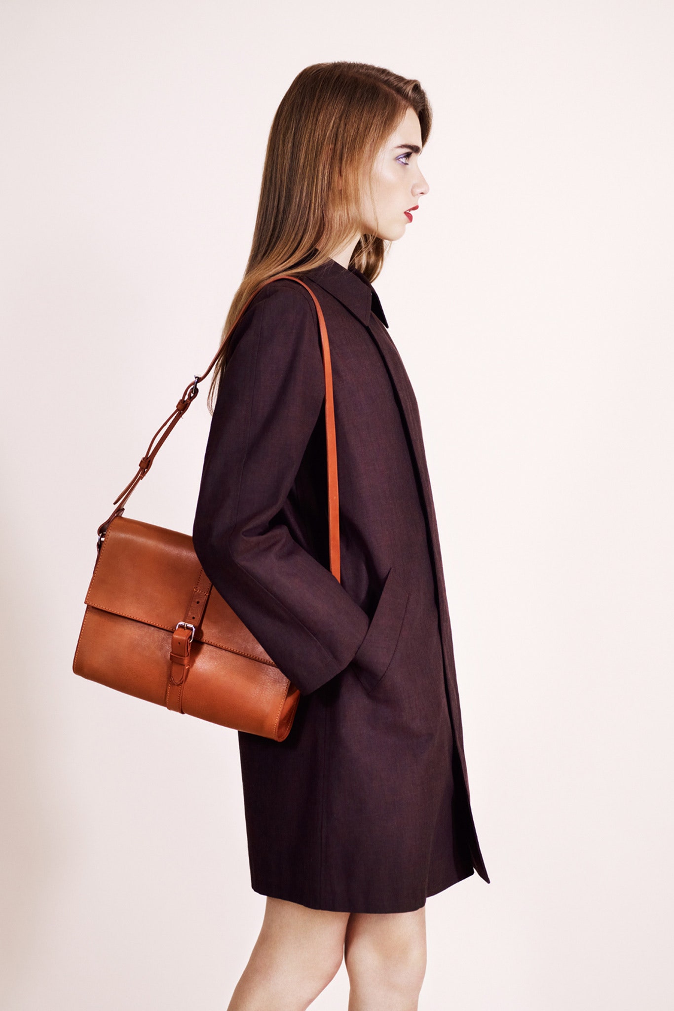 brown wool long-sleeve collared relaxed straight-leg short coat