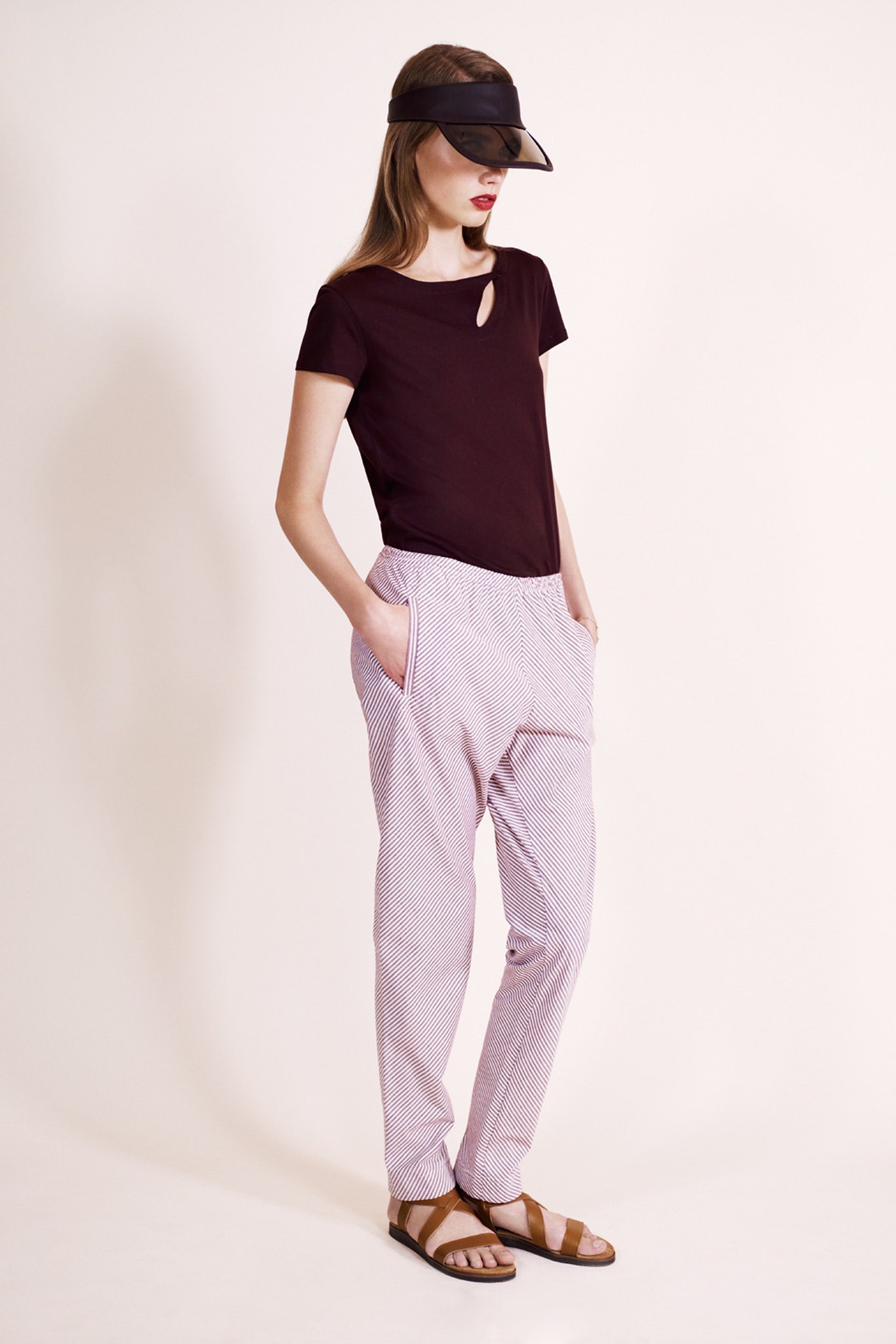 burgundy fitted top with relaxed pants