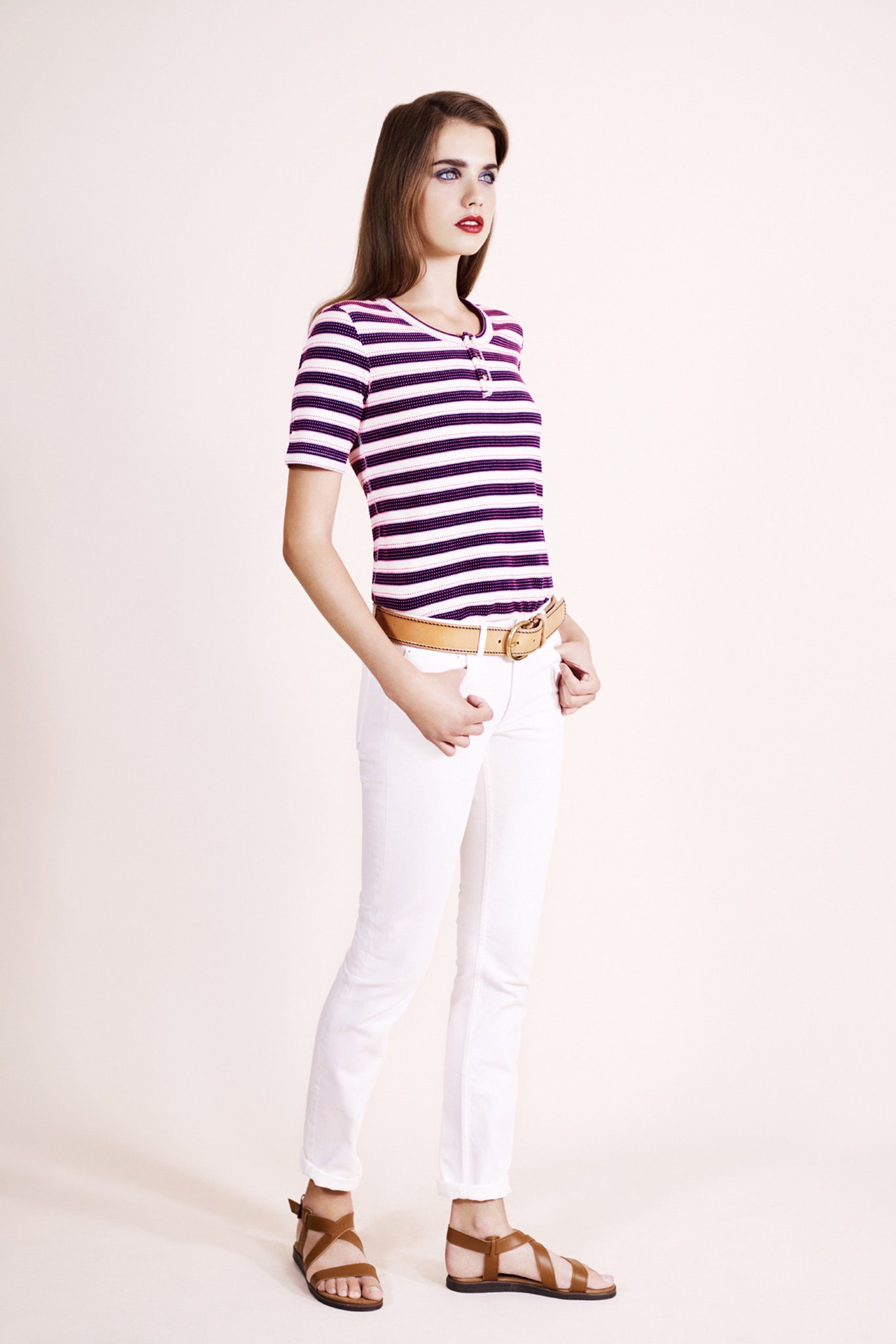 purple and white striped top