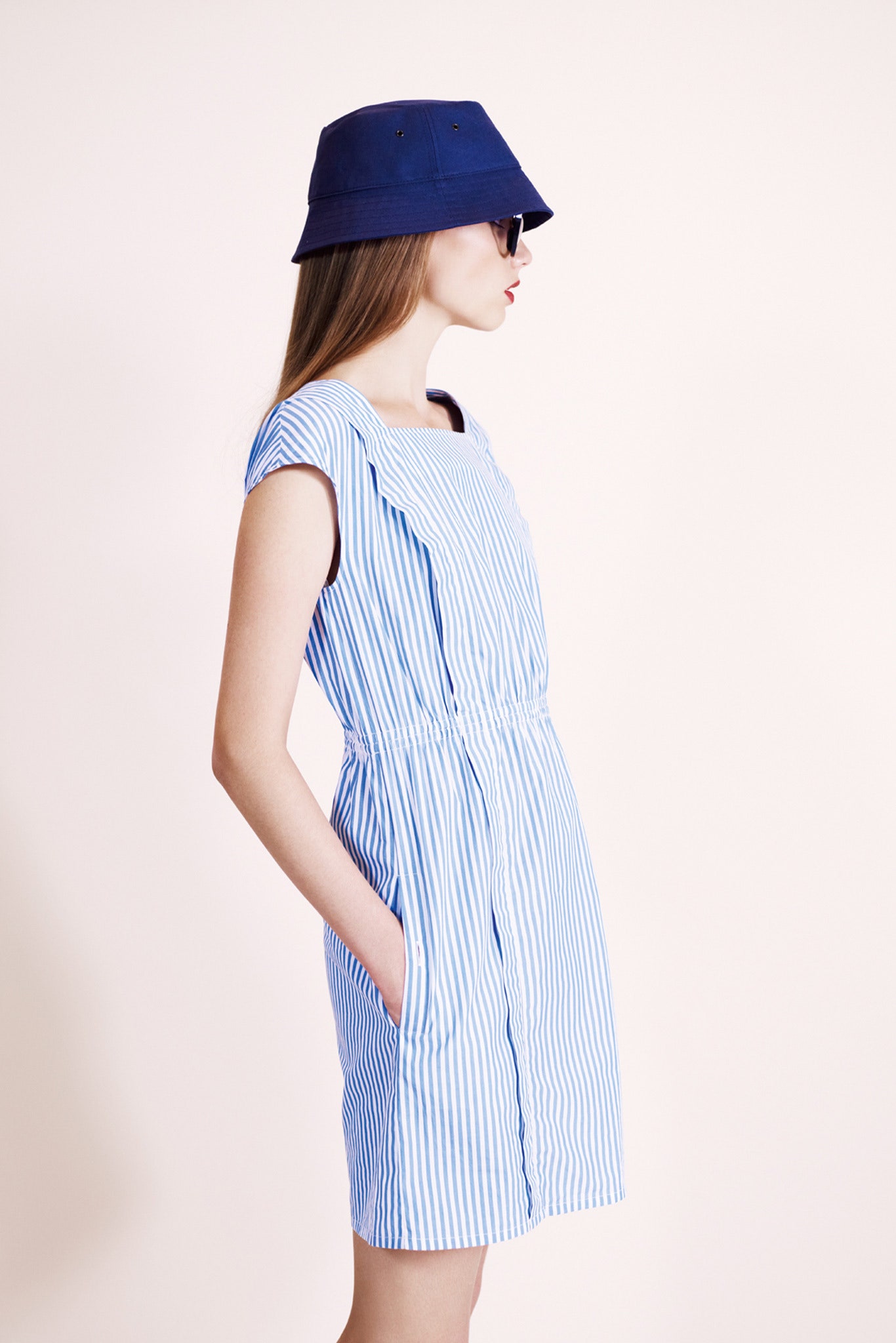 blue and white striped dress