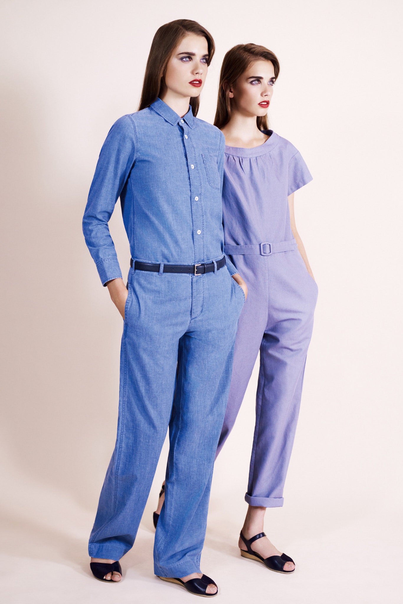 blue shirt and lavender jumpsuit