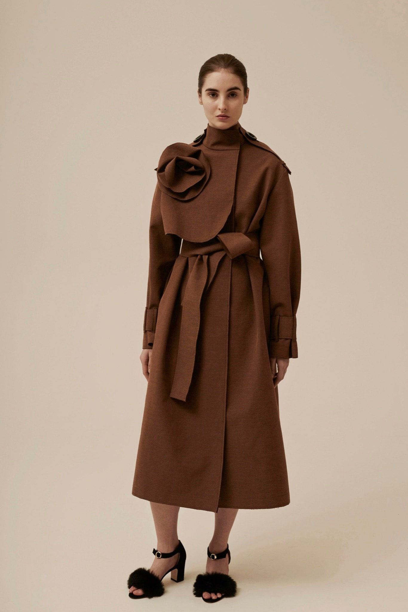 brown cotton long-sleeve collared relaxed draped belted coat
