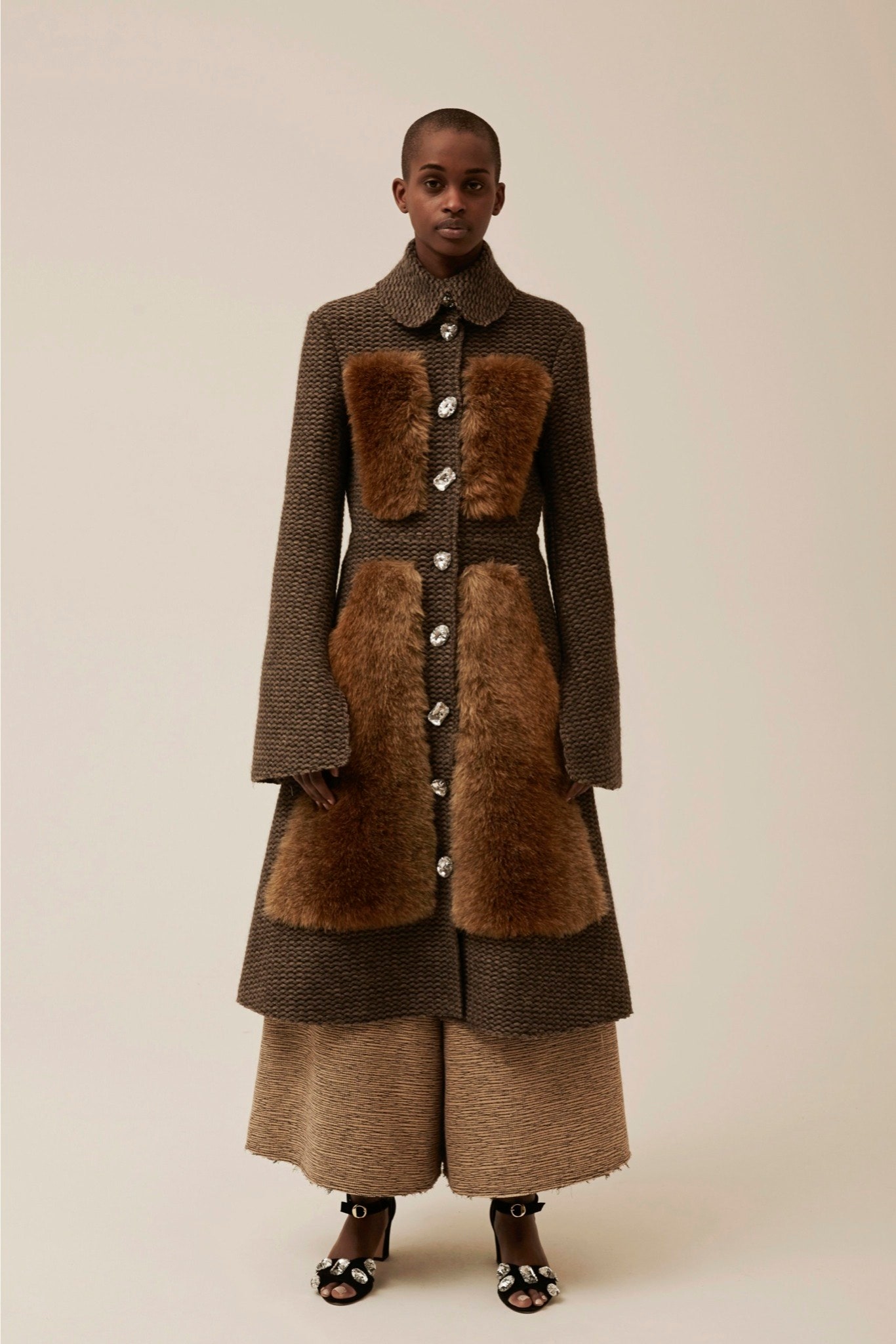 brown wool long-sleeve collared fitted buttoned layered coat