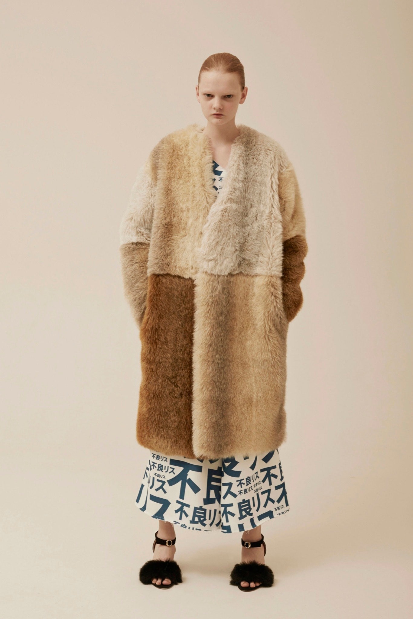 brown fur relaxed color-blocked coat