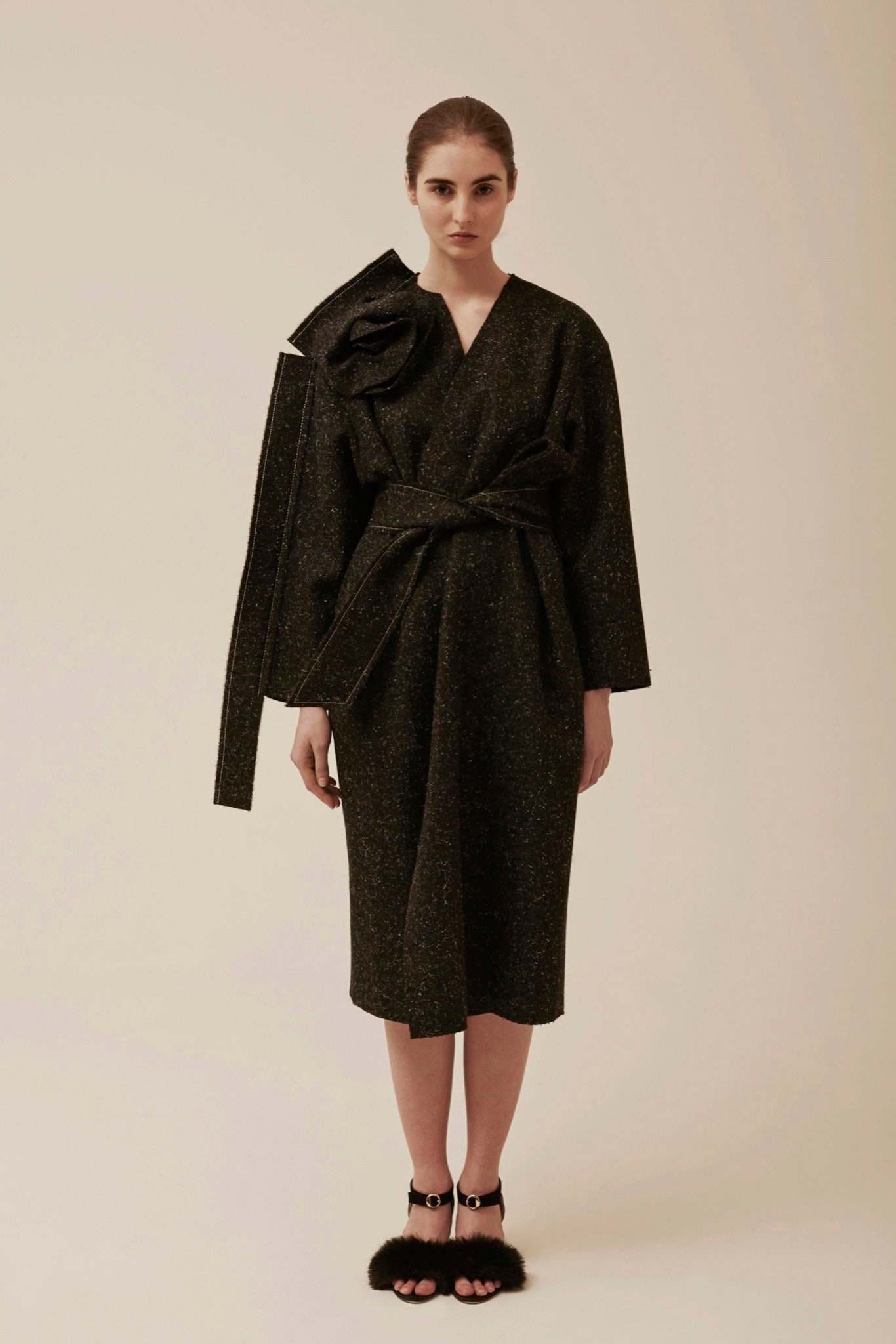 black wool belted midi dress