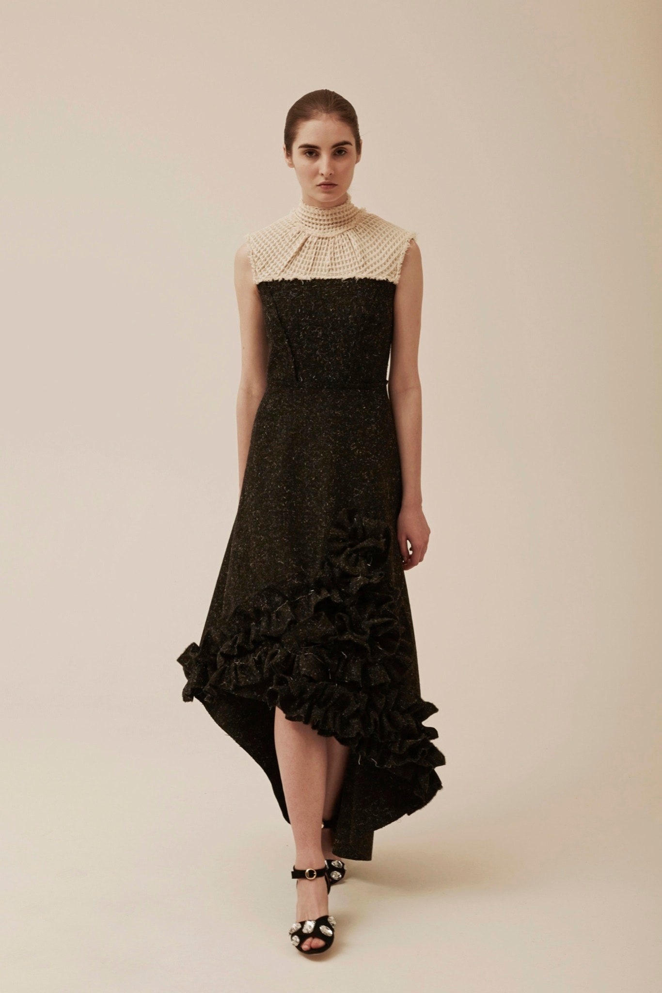 black silk ruffled midi dress
