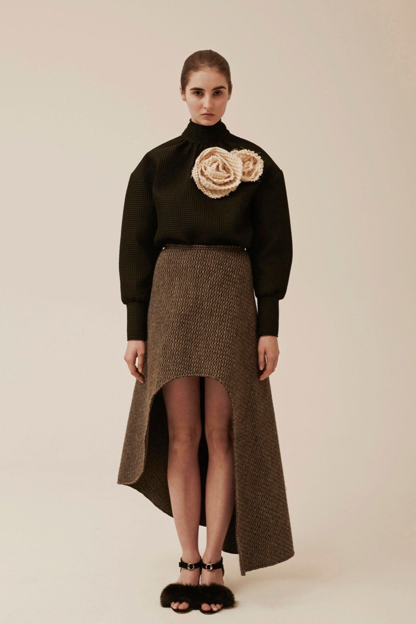 brown wool asymmetric fitted tiered skirt