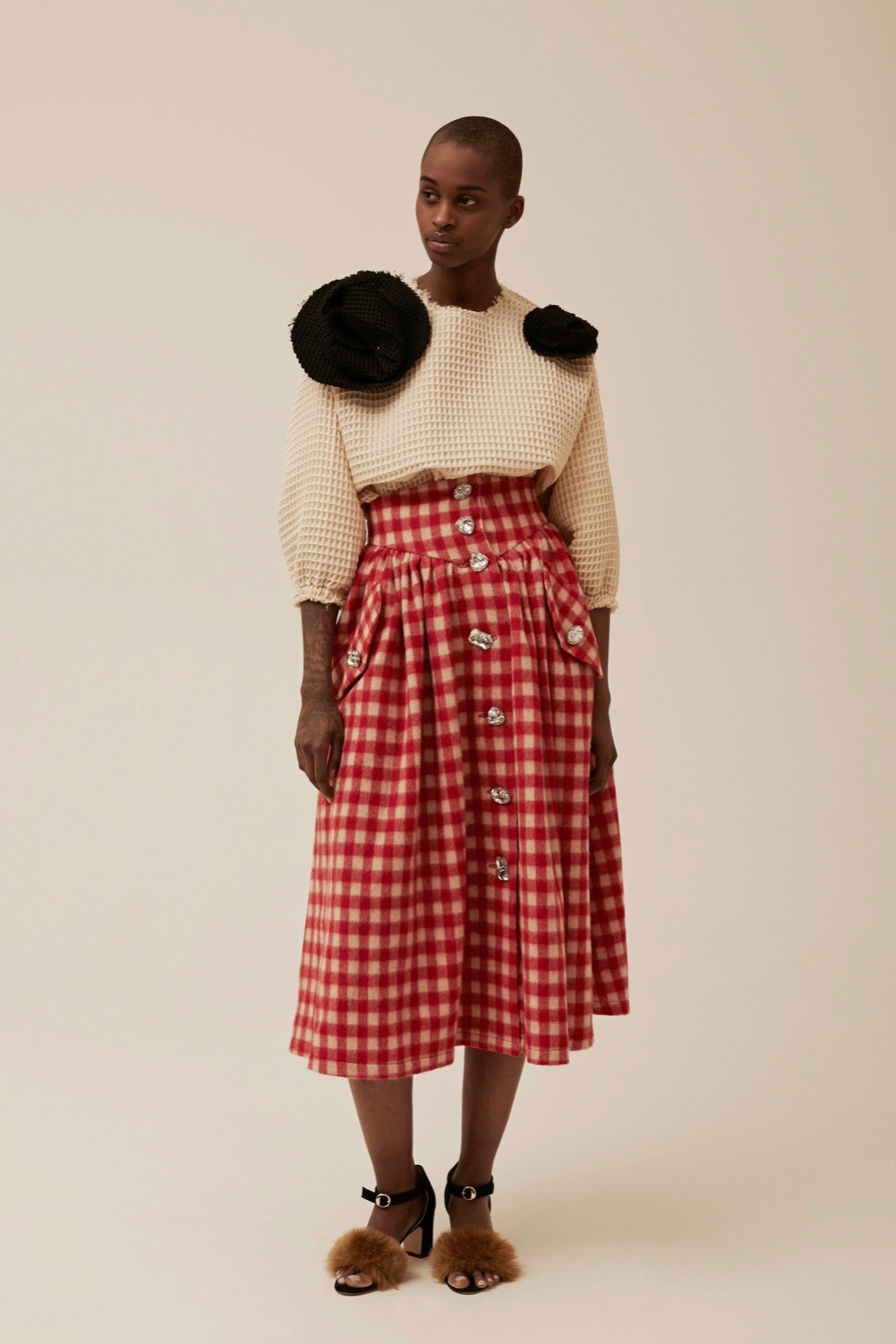 red cotton fitted a-line buttoned midi skirt