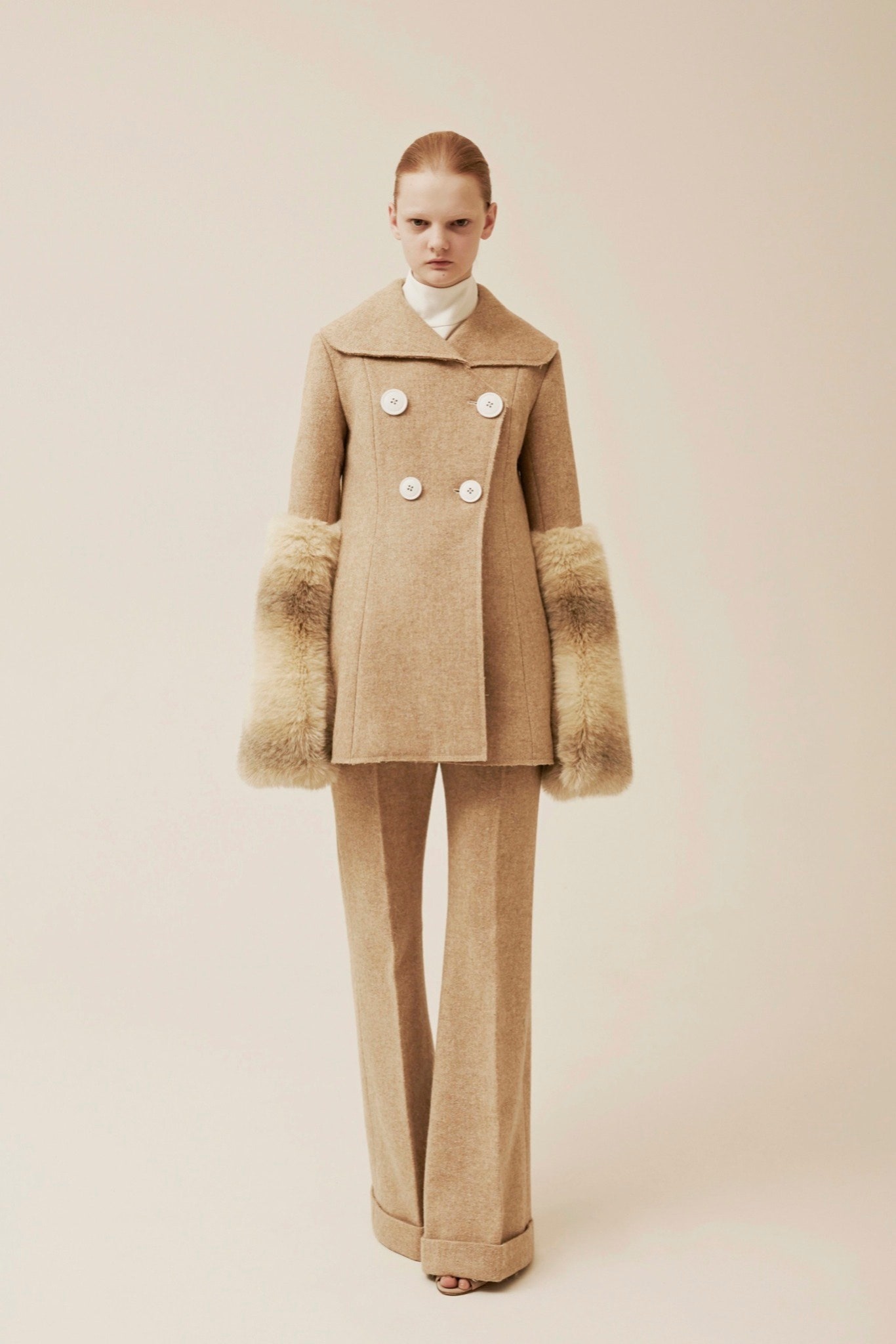 beige wool long-sleeve collared structured buttoned coat