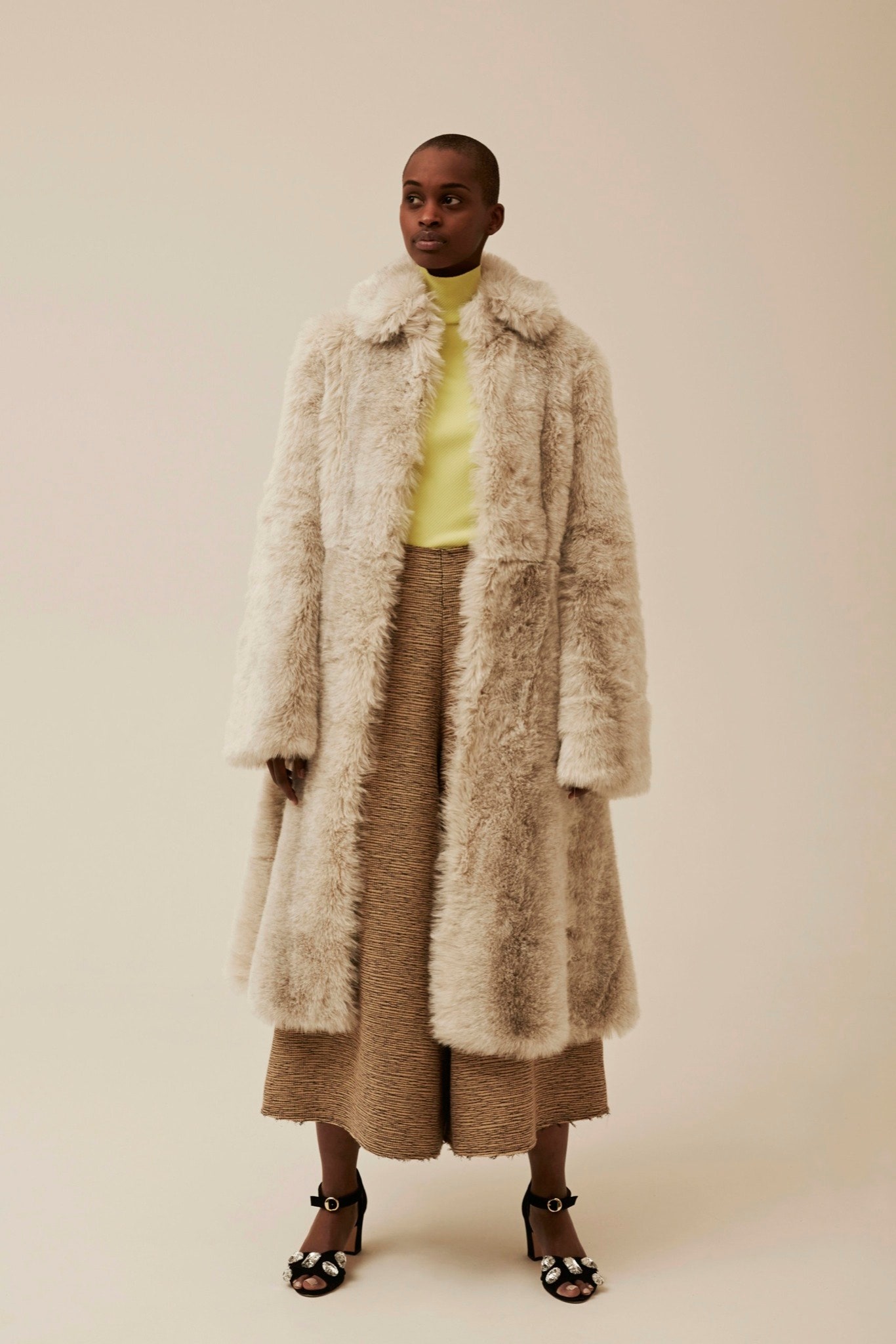 beige faux-fur long-sleeve collared relaxed layered maxi coat