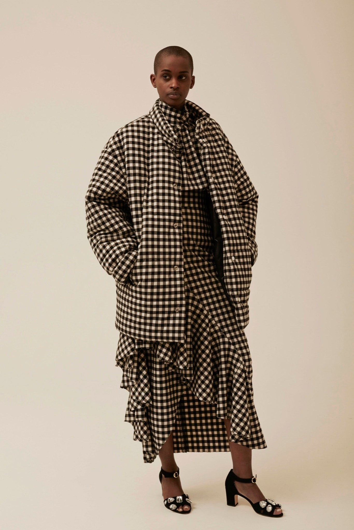 black cotton long-sleeve collared oversized checked coat