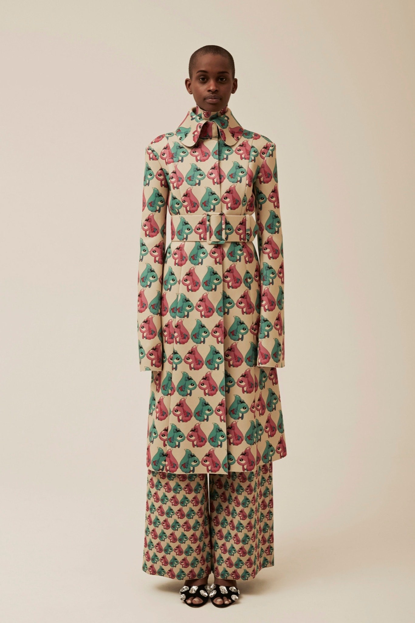 beige cotton long-sleeve collared fitted printed belted coat
