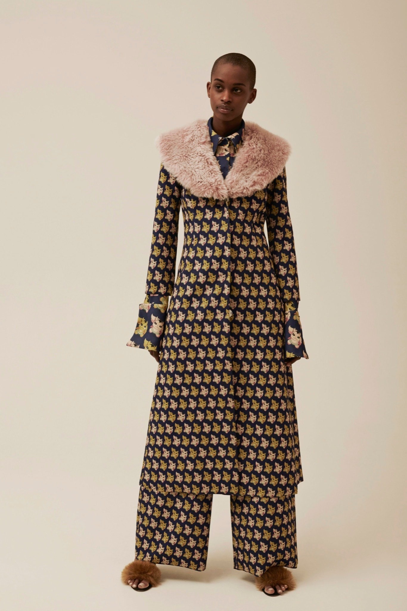 blue cotton long-sleeve collared fitted printed layered dress