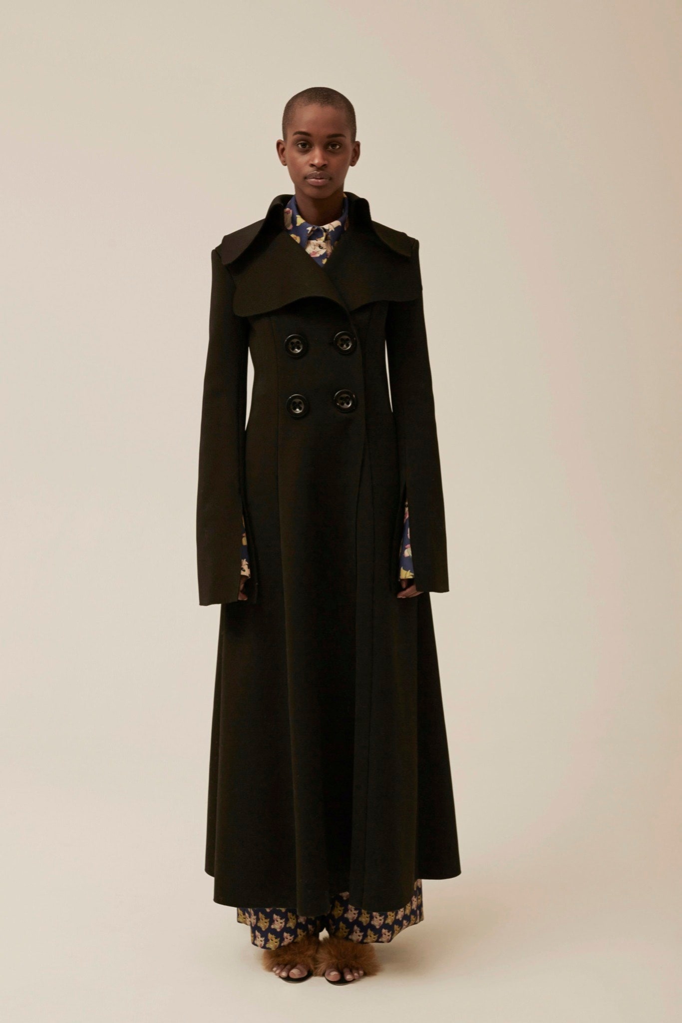black wool long-sleeve collared fitted straight-leg maxi coat