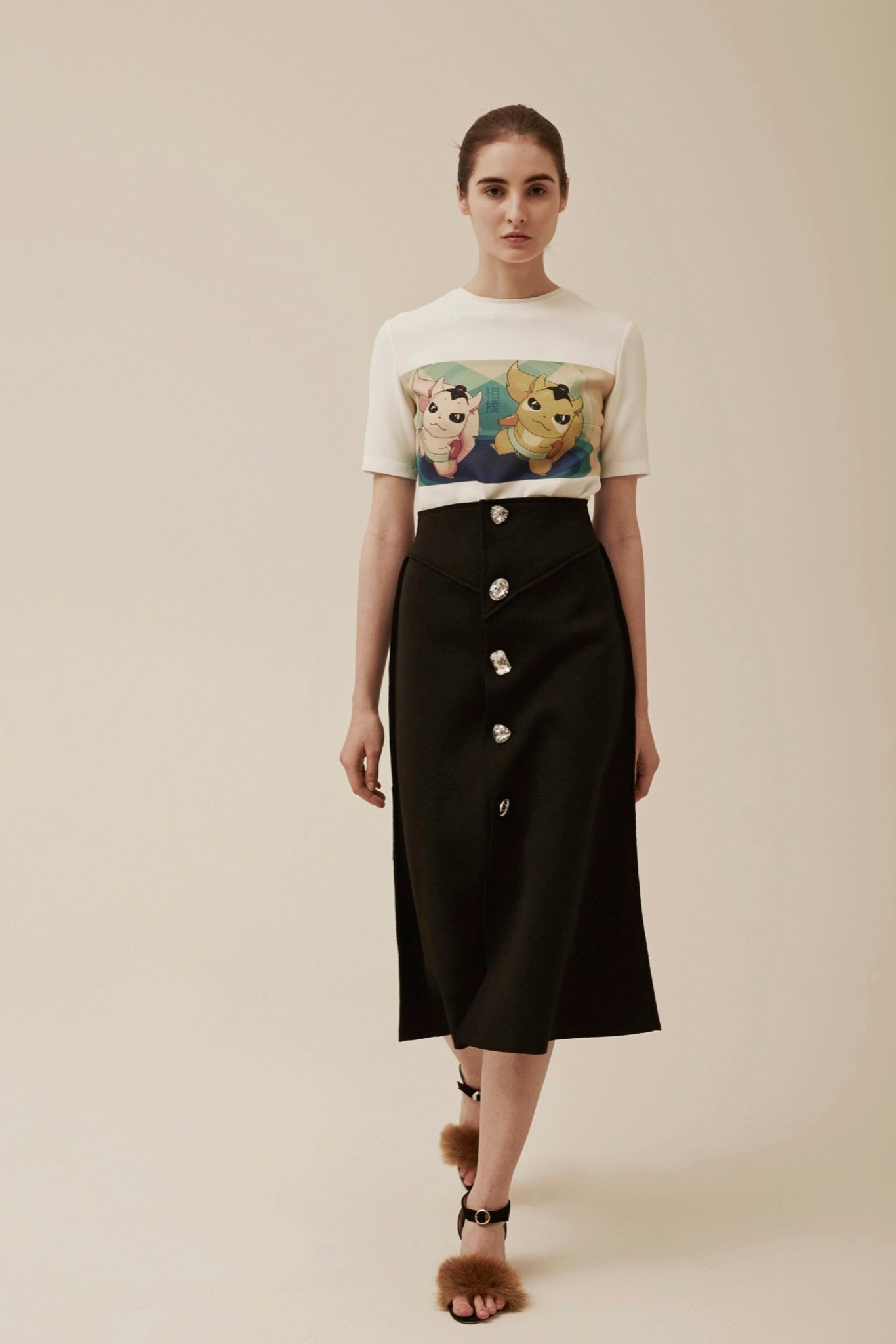 black wool fitted high-waisted pencil buttoned midi skirt