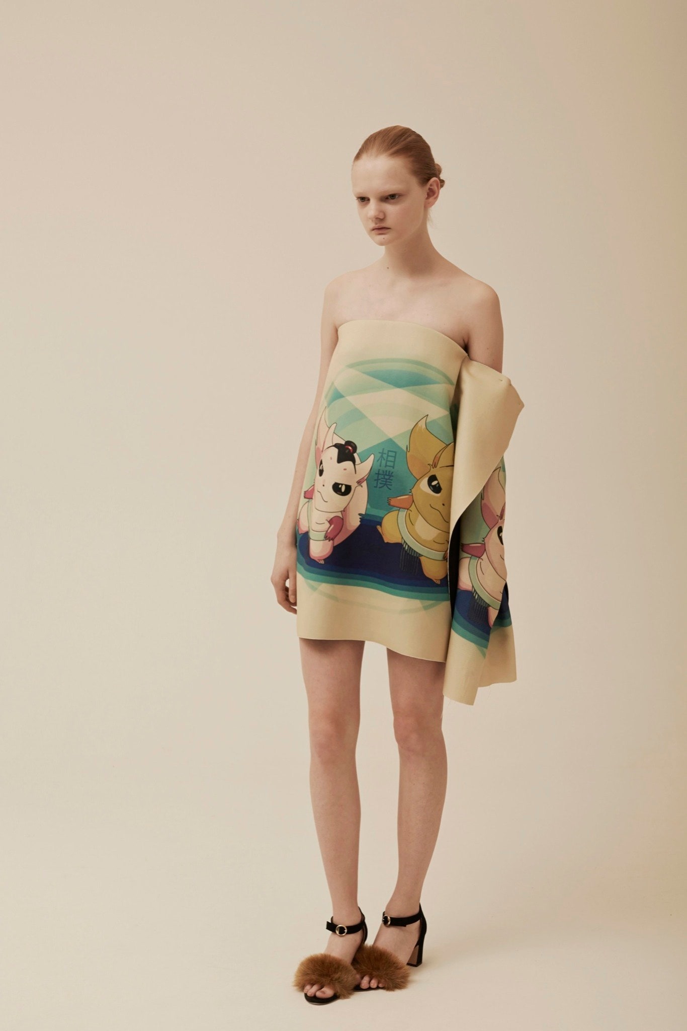 beige silk strapless fitted printed short dress