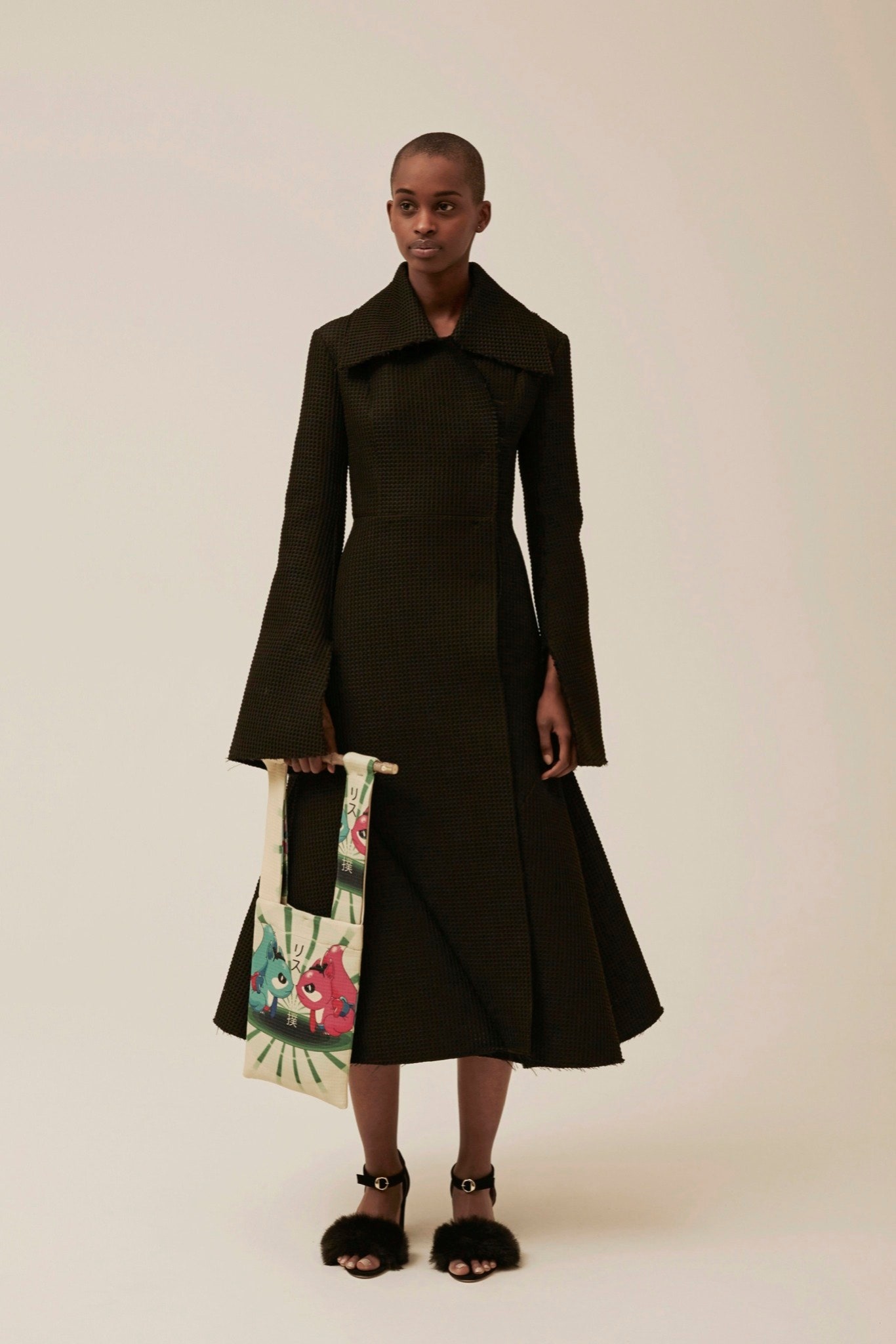 black cotton long-sleeve collared fitted flared midi dress