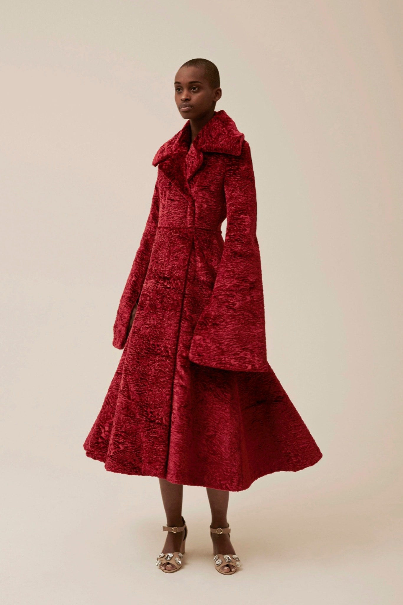 red faux-fur fitted coat