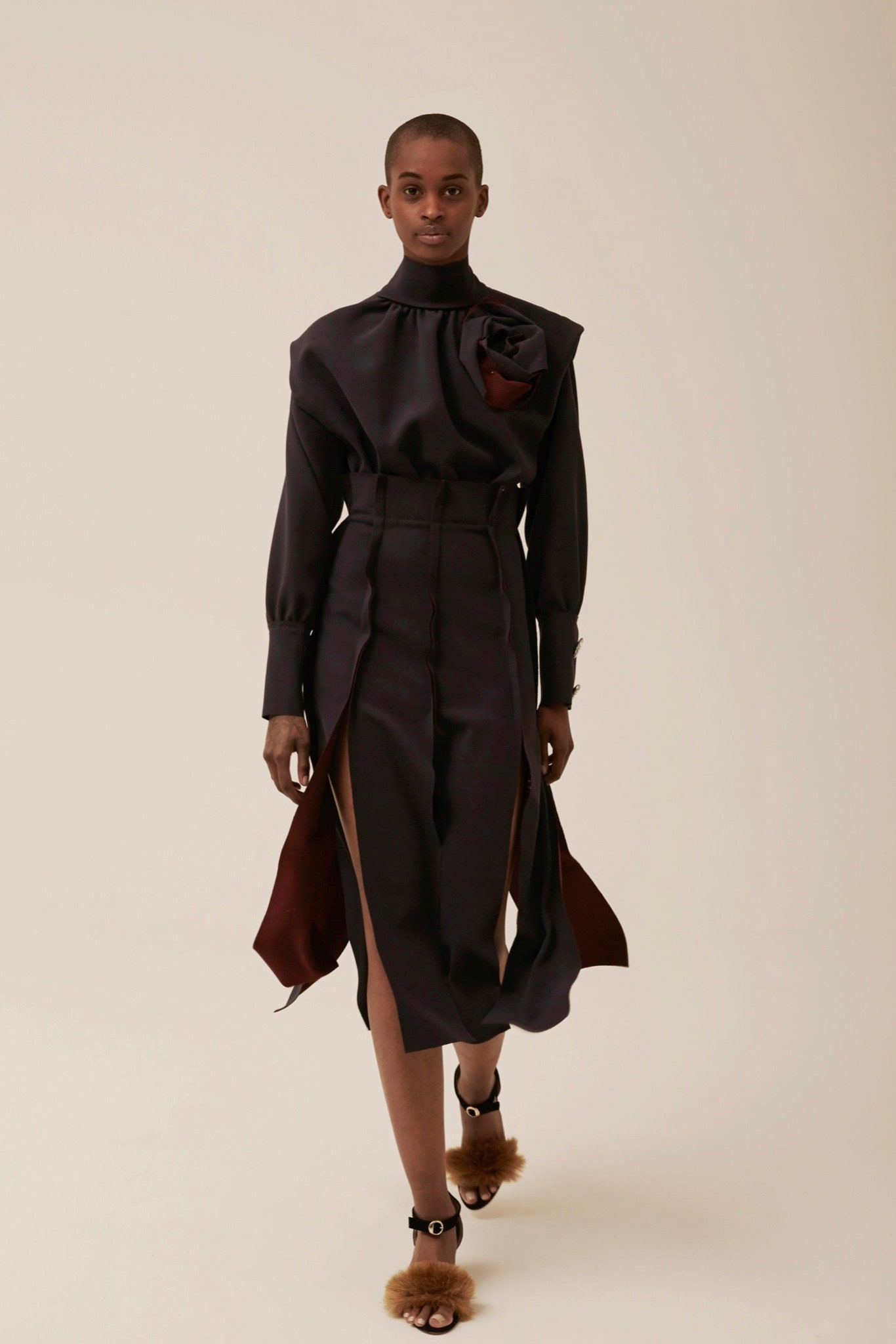 black silk long-sleeve high-neck fitted draped tiered dress