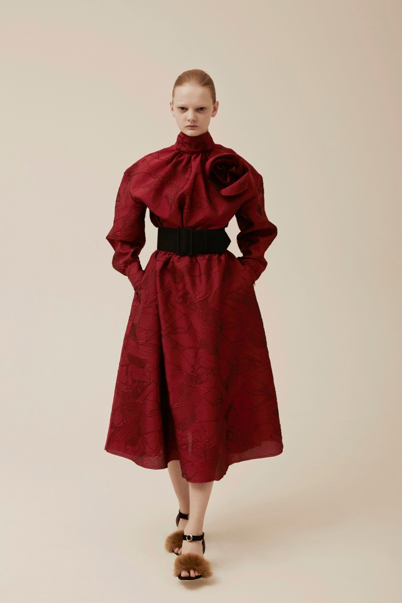 red silk long-sleeve dress