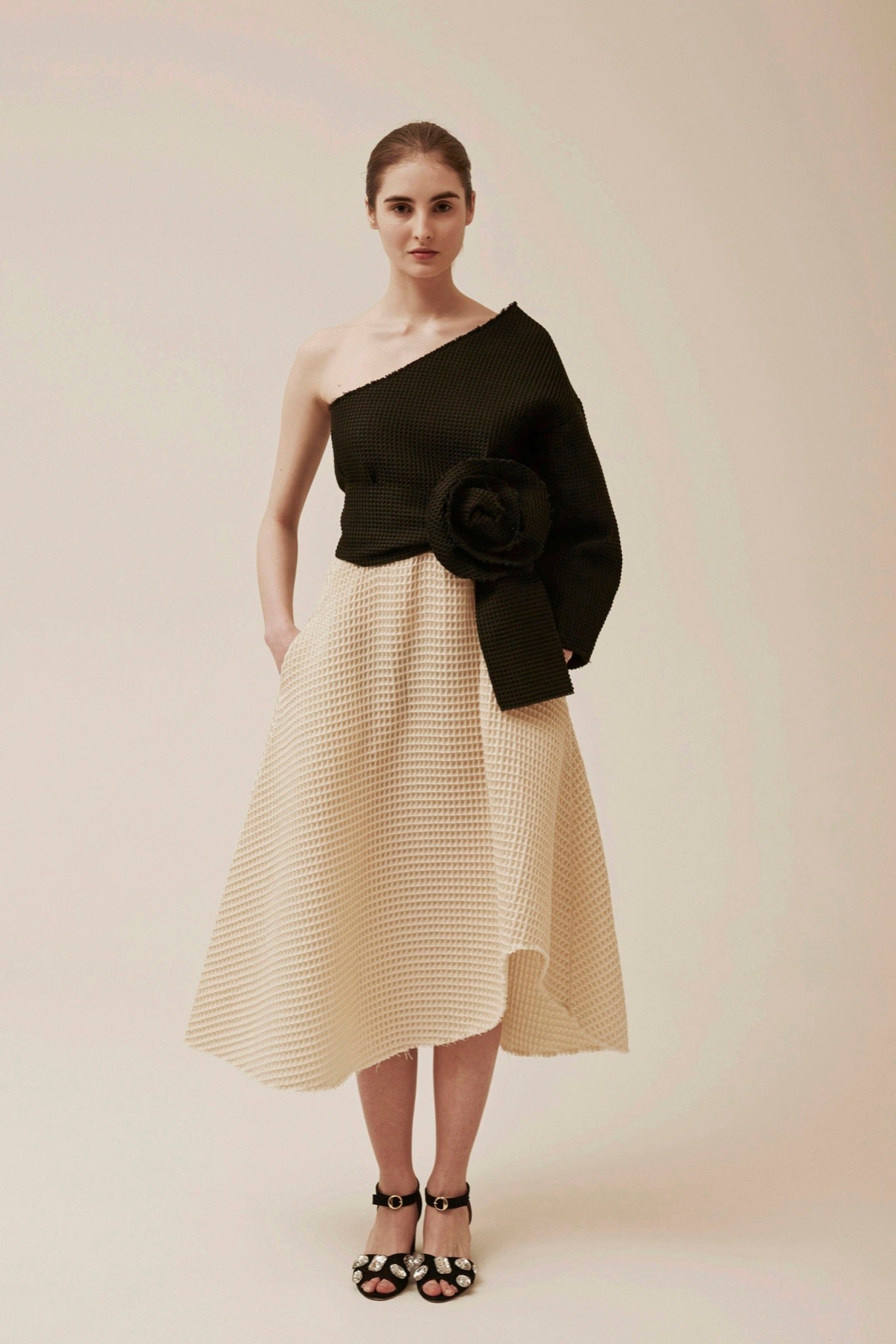 black and beige asymmetric dress