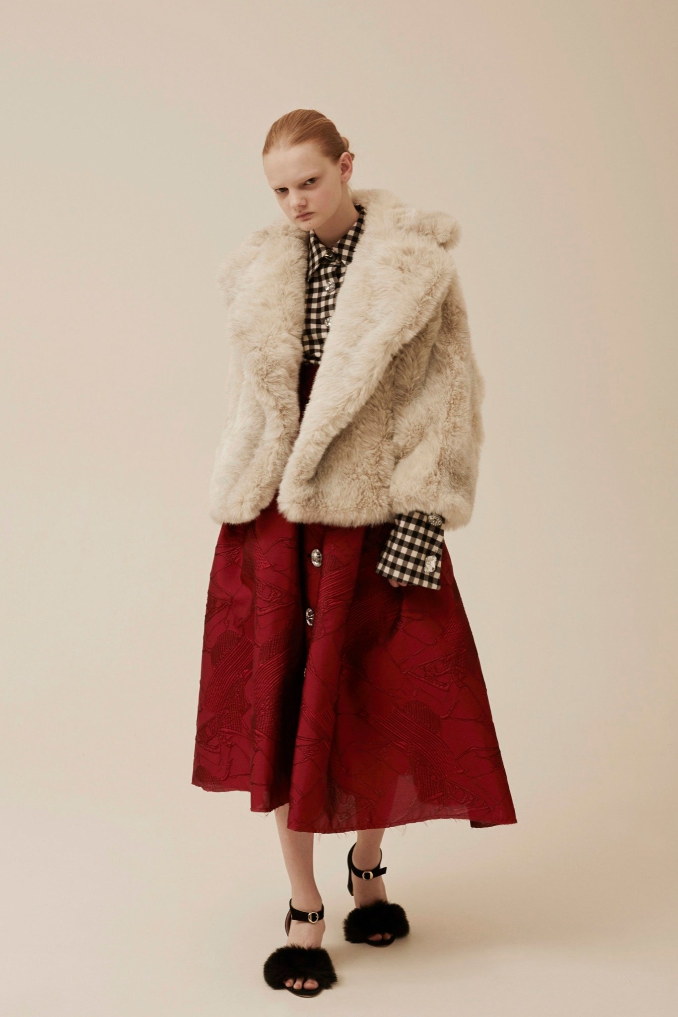 red silk fitted a-line midi skirt