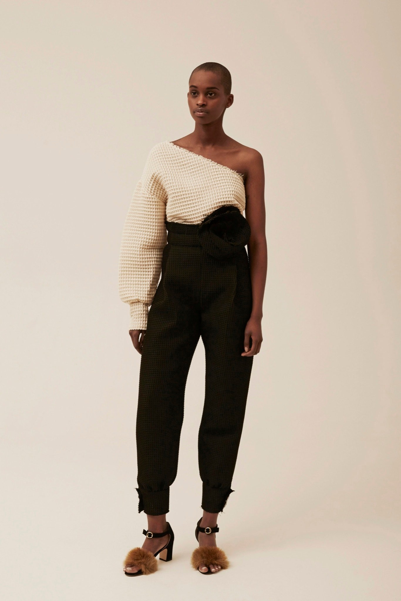 white cotton long-sleeve off-shoulder fitted pleated top