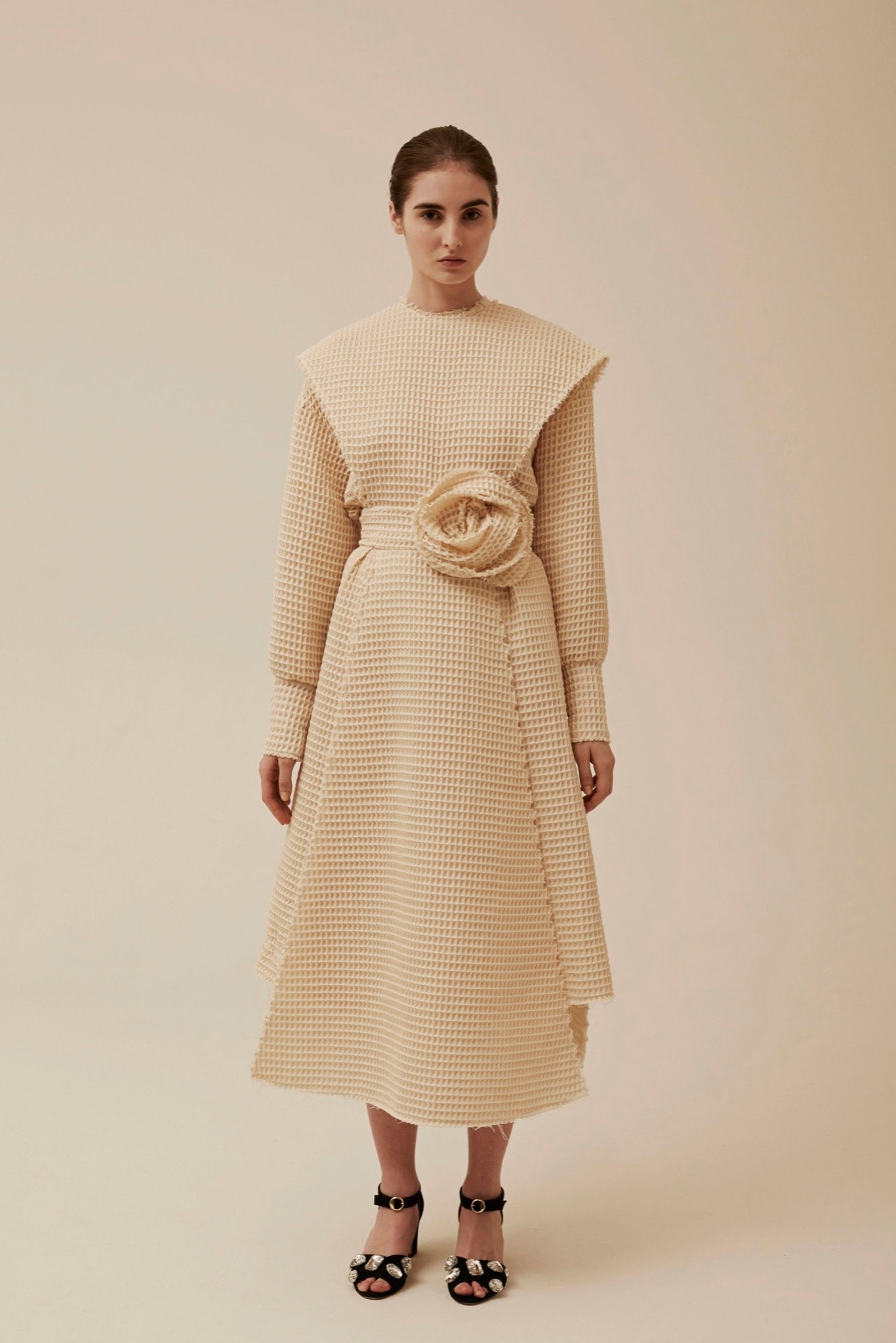 beige cotton long-sleeve dress