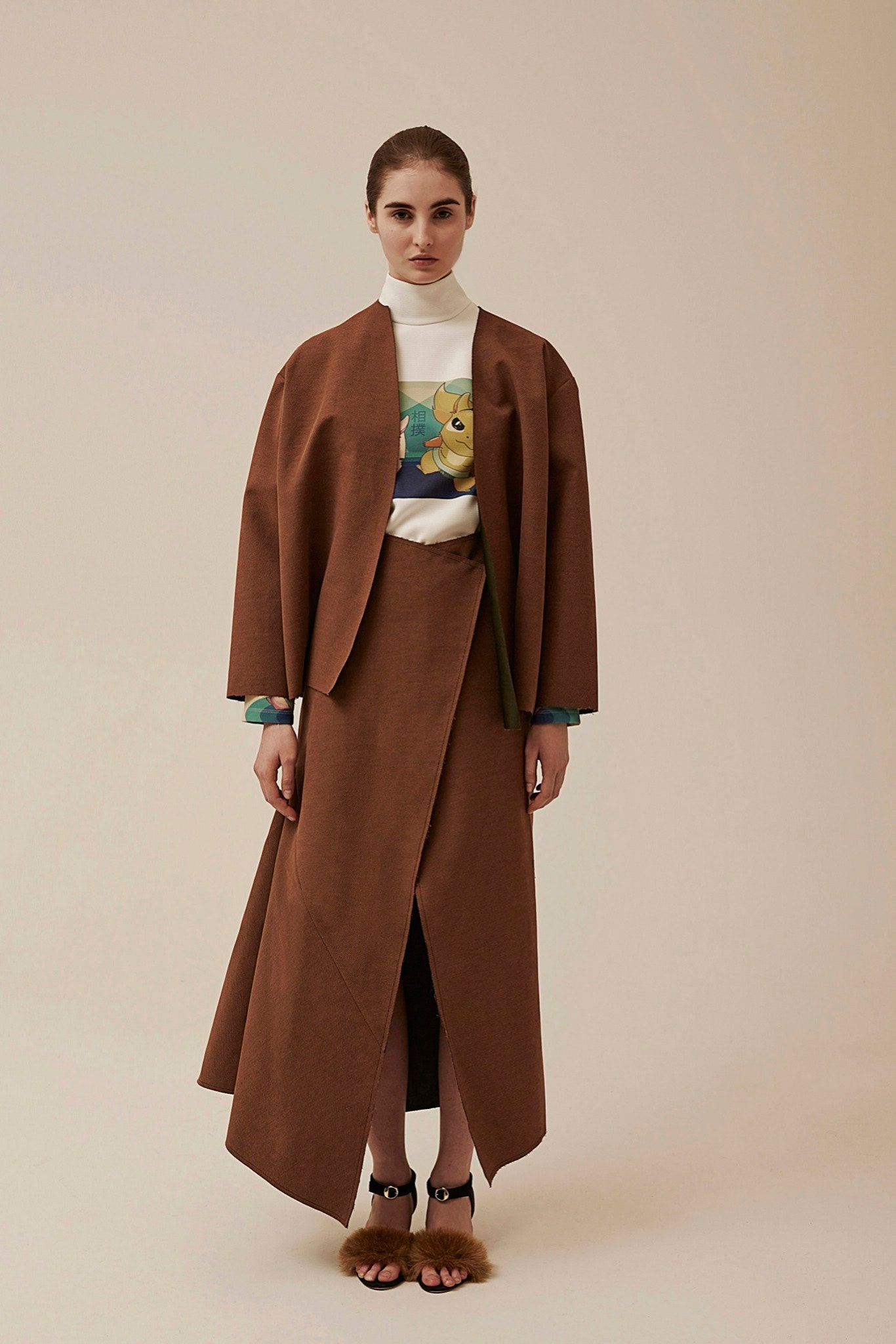 brown cotton slit wrap fitted high-waisted midi skirt