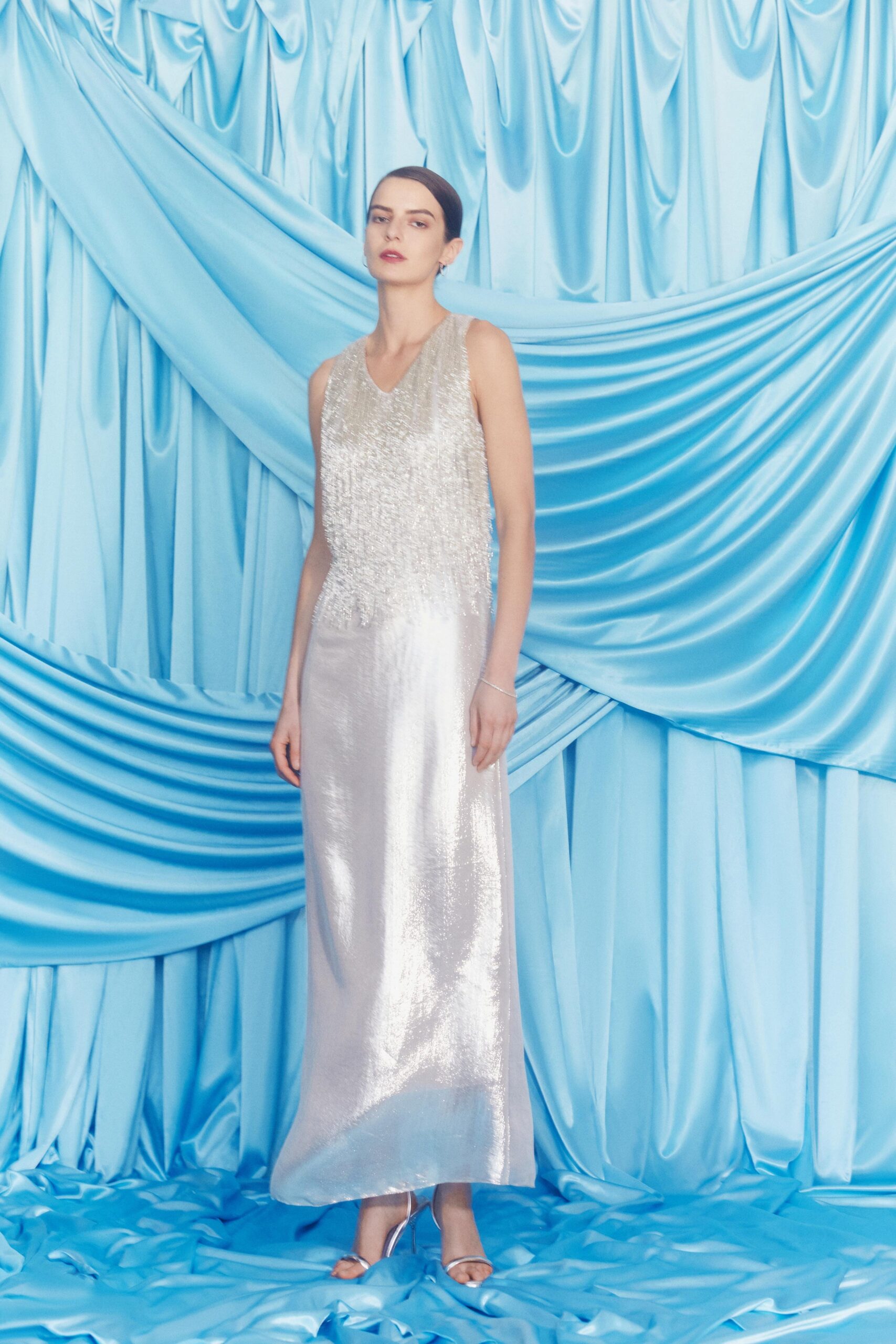 silver silk sleeveless gown