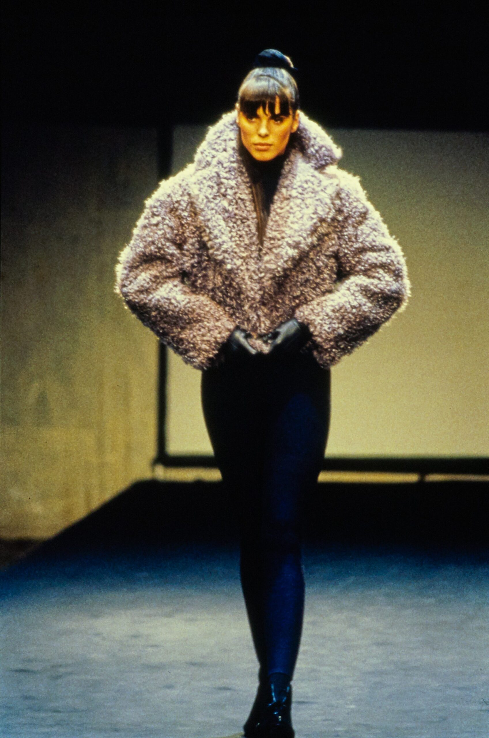 purple fur long-sleeve collared oversized textured jacket