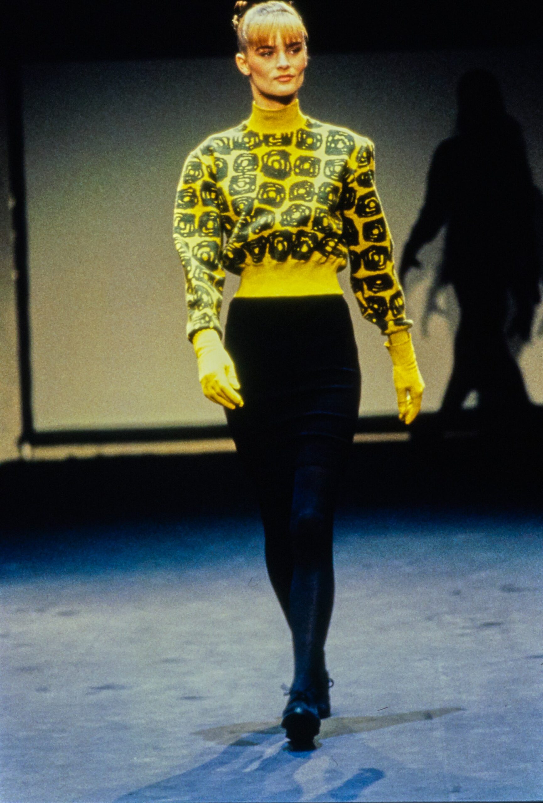 yellow long-sleeve high-neck fitted printed top