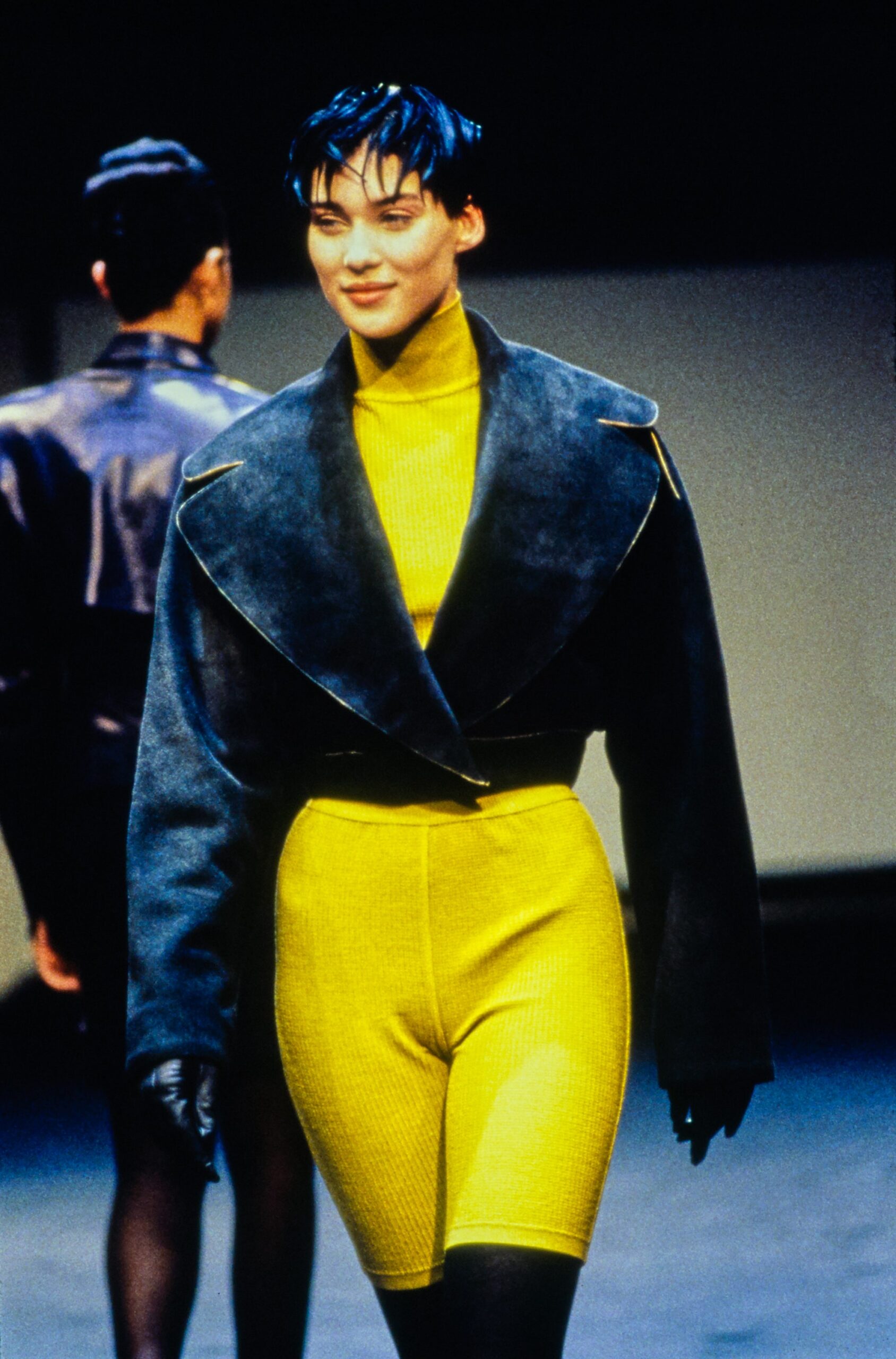 blue suede long-sleeve collared oversized zippered jacket
