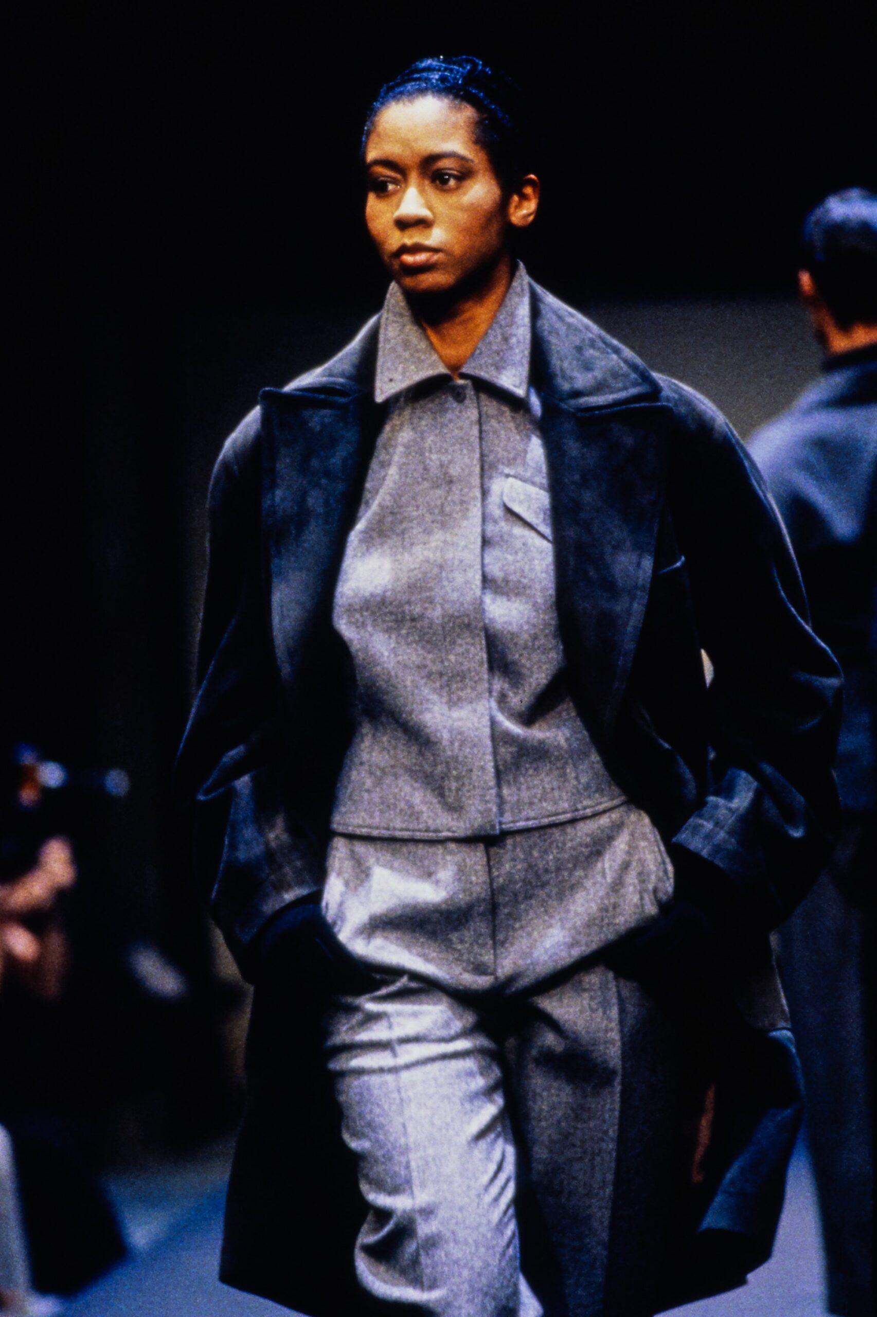 black wool coat and gray suit