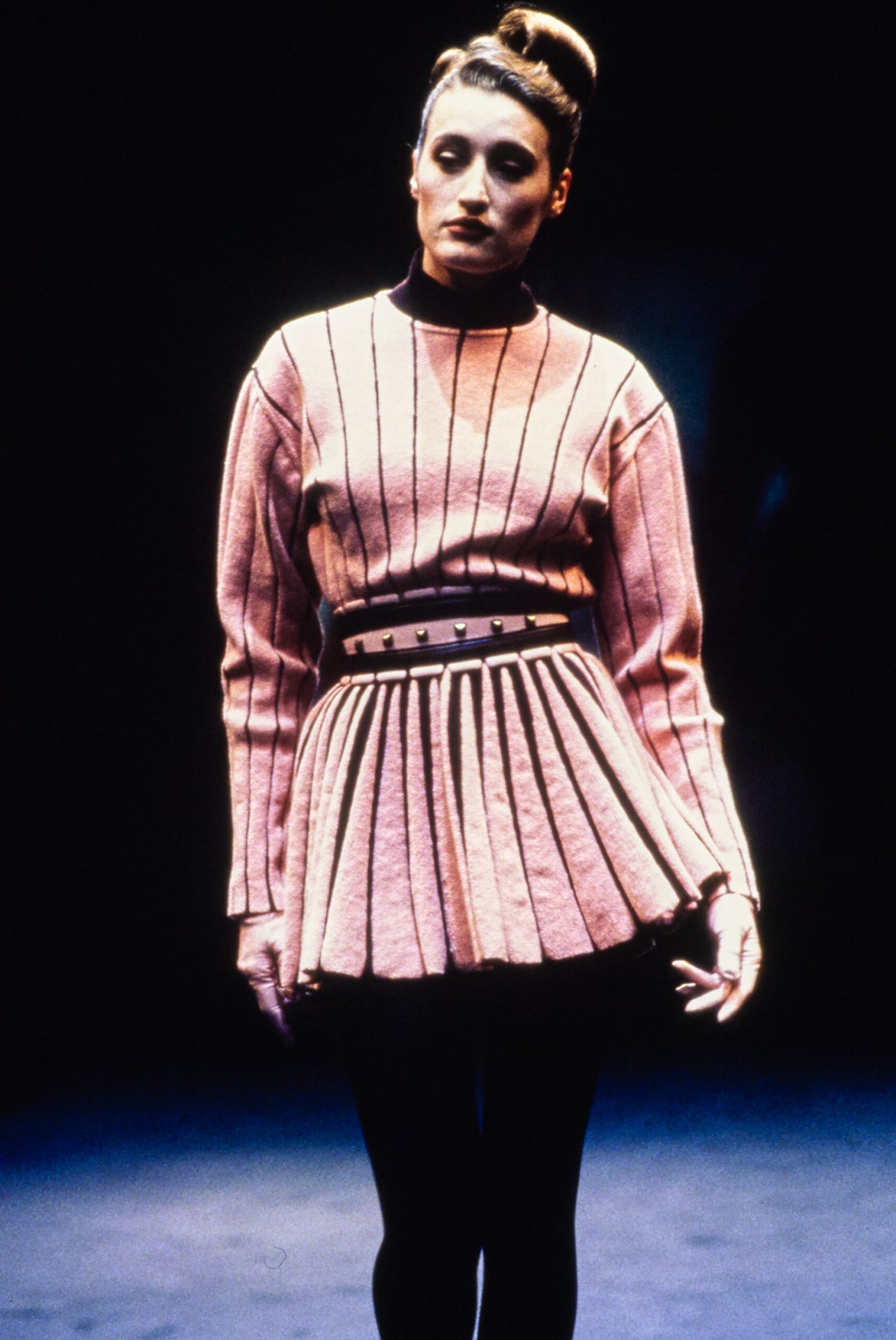 pink wool long-sleeve high-neck fitted pleated mini dress