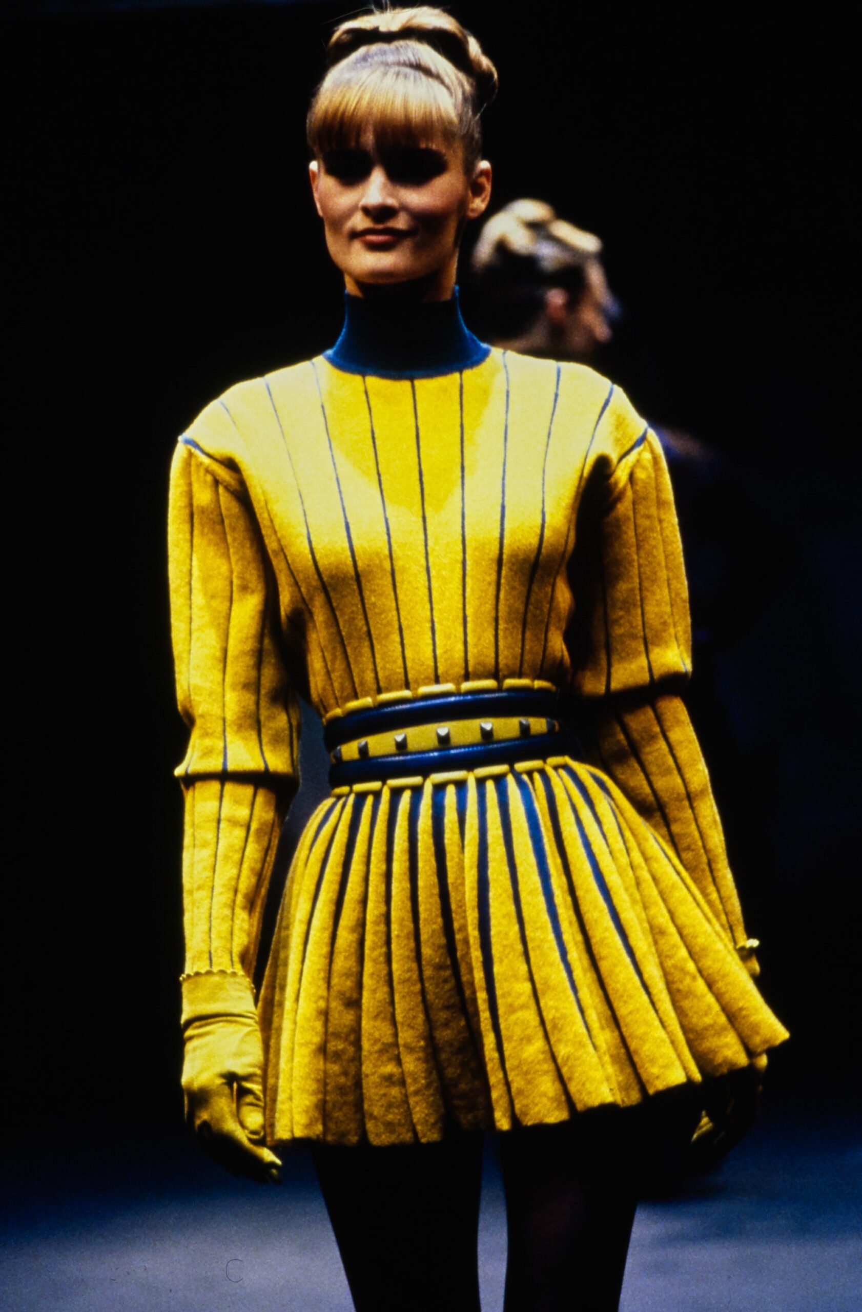 yellow pleated mini dress