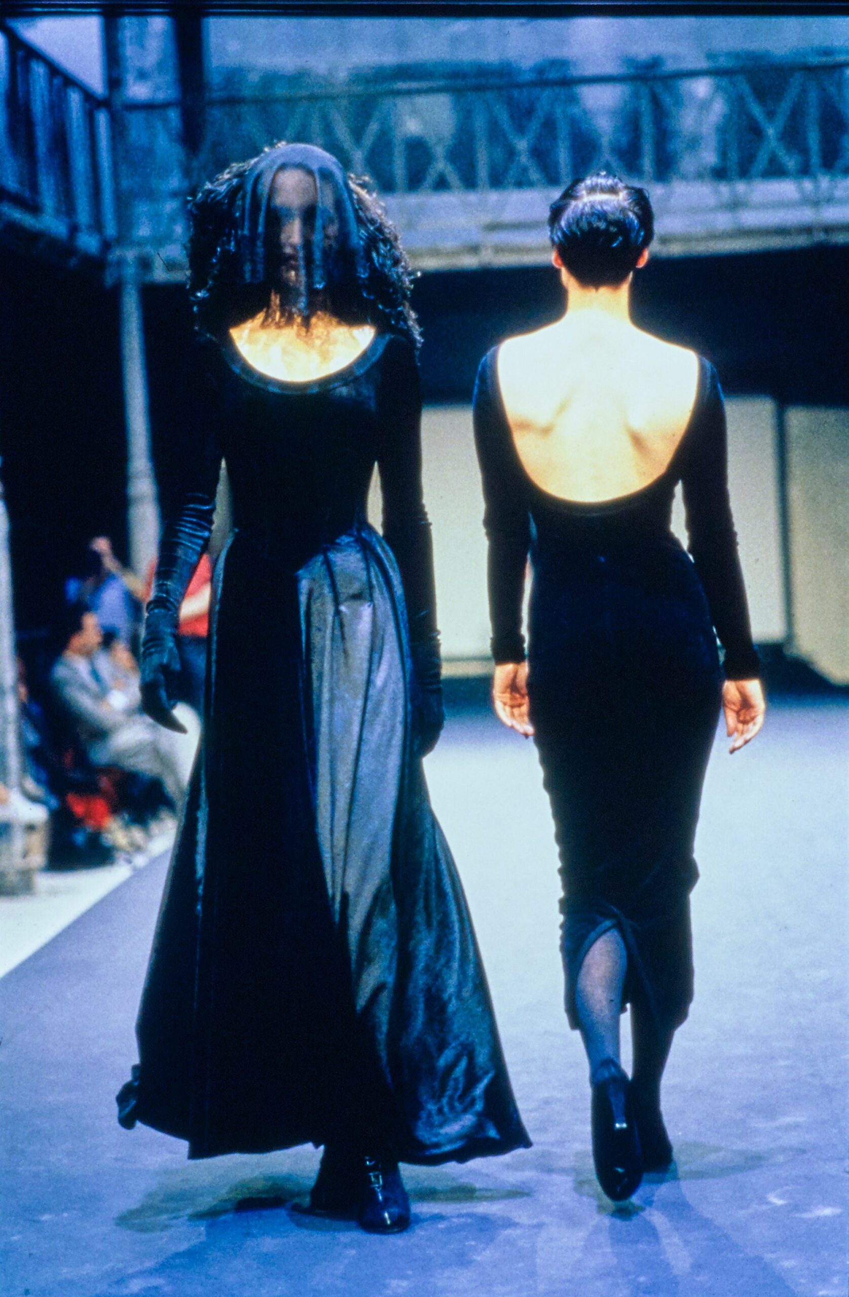 black velvet long-sleeve backless fitted ruched maxi gown